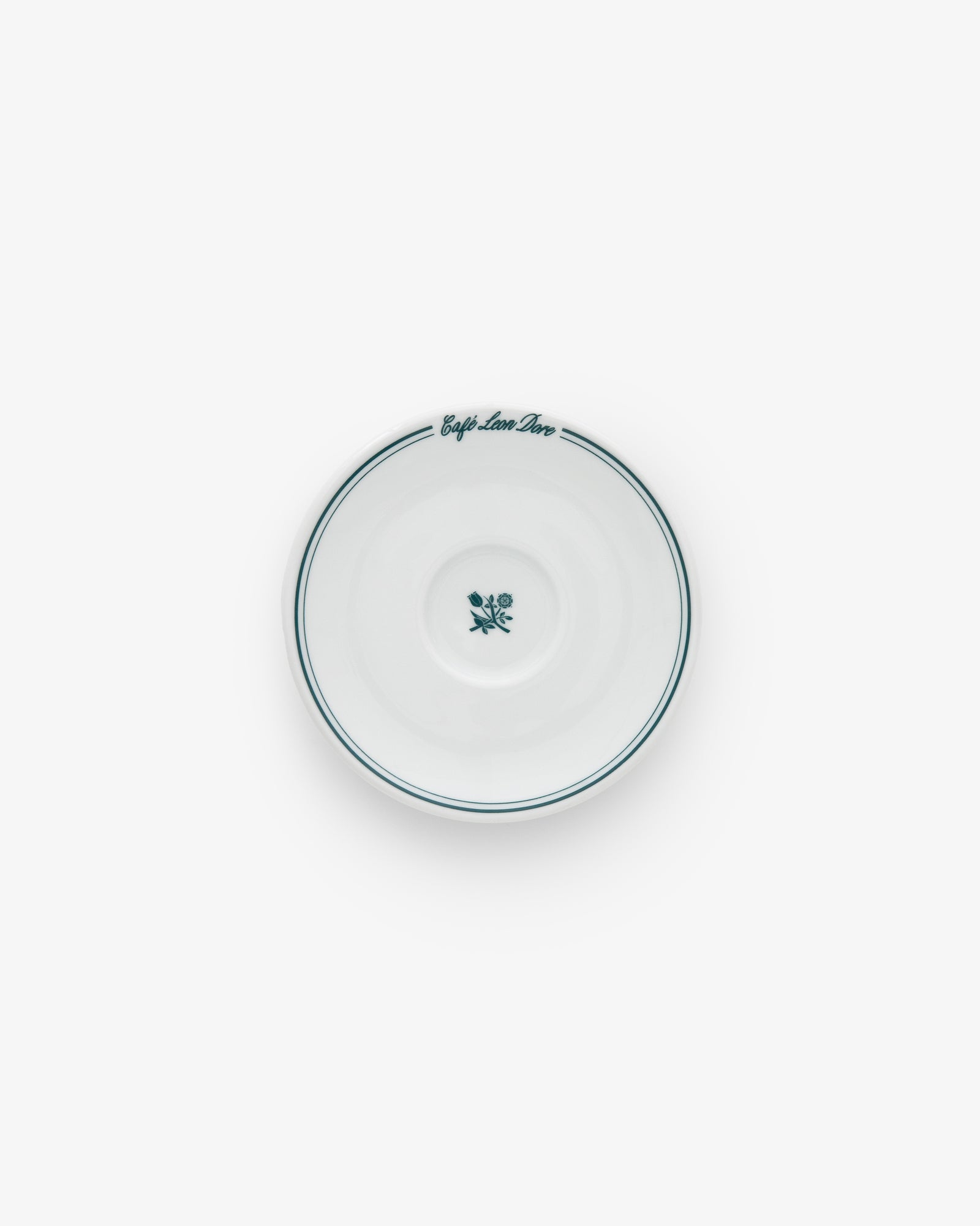 Café Leon Dore Espresso Cup & Saucer set: white with green border, floral design, and rim text on white background (set of 6).