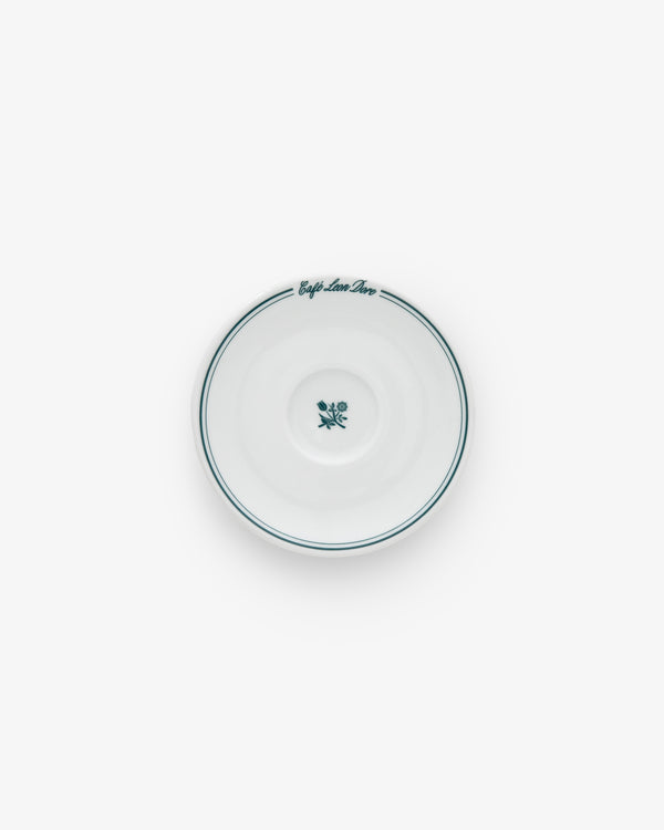 Café Leon Dore Espresso Cup & Saucer set: white with green border, floral design, and rim text on white background (set of 6).
