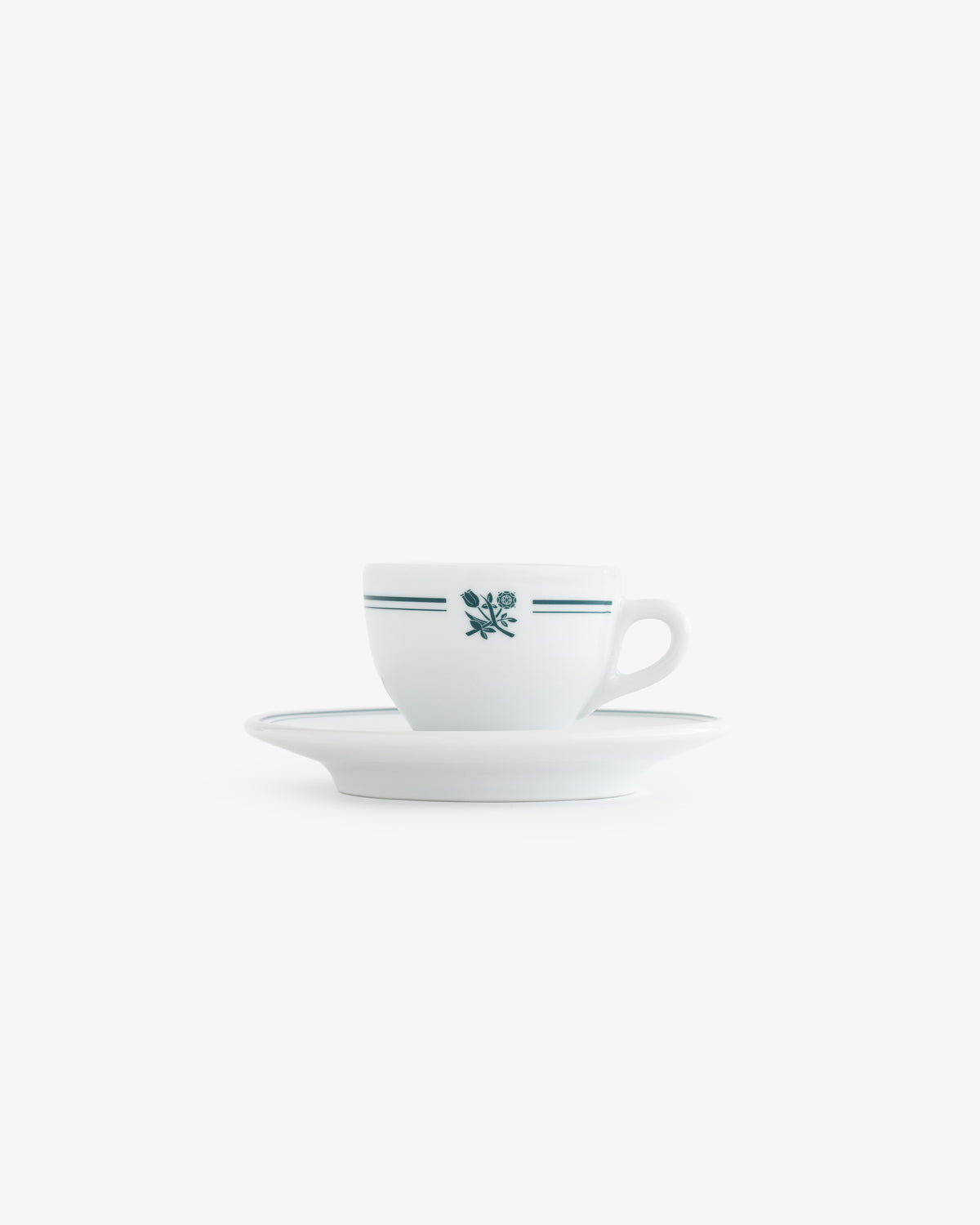 Café Leon Dore Espresso Cup & Saucer set: white cups with green floral design and stripes on matching saucers.