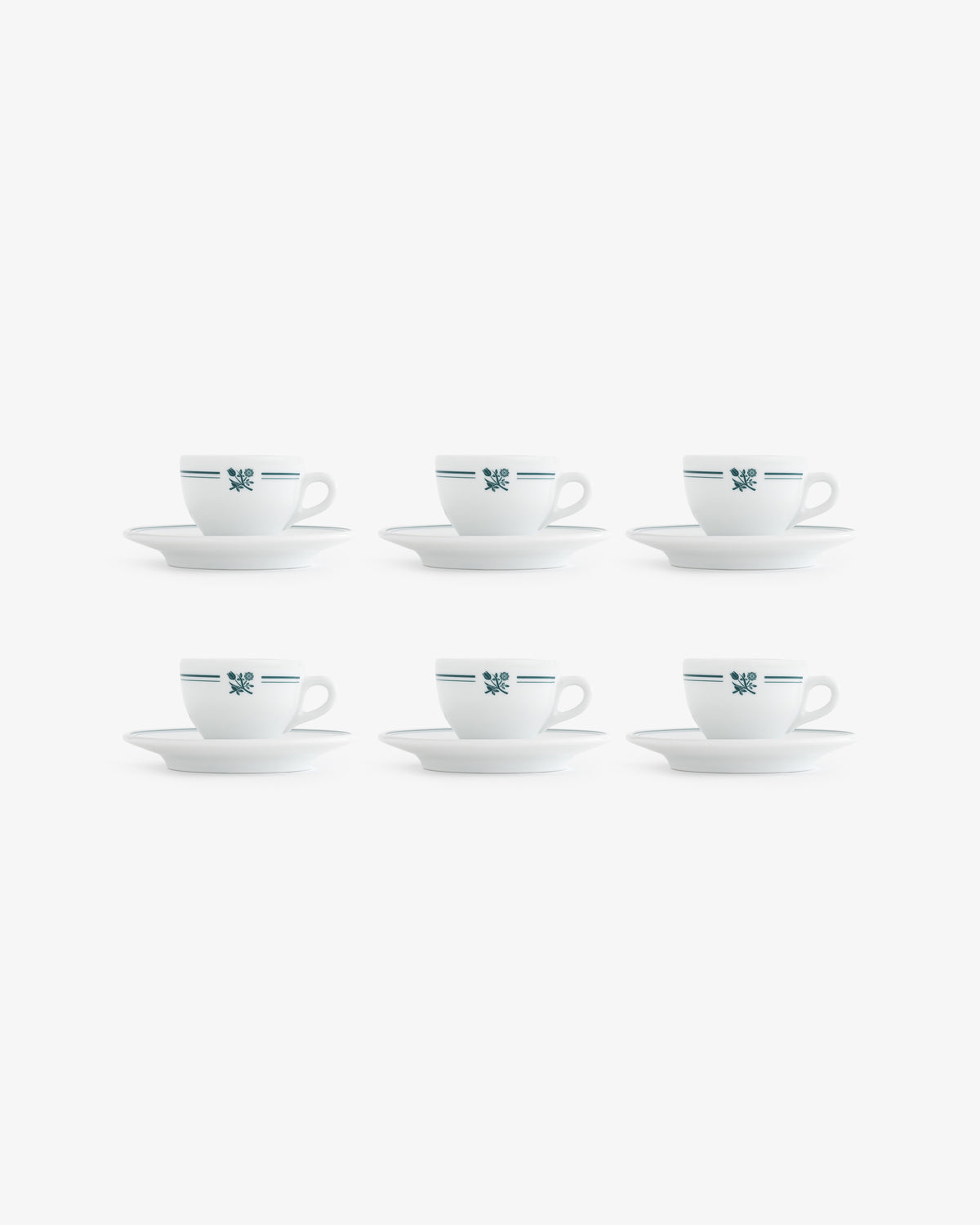 Set of 6 Café Leon Dore espresso cups & saucers, white with blue stripes and floral design, arranged in two rows.