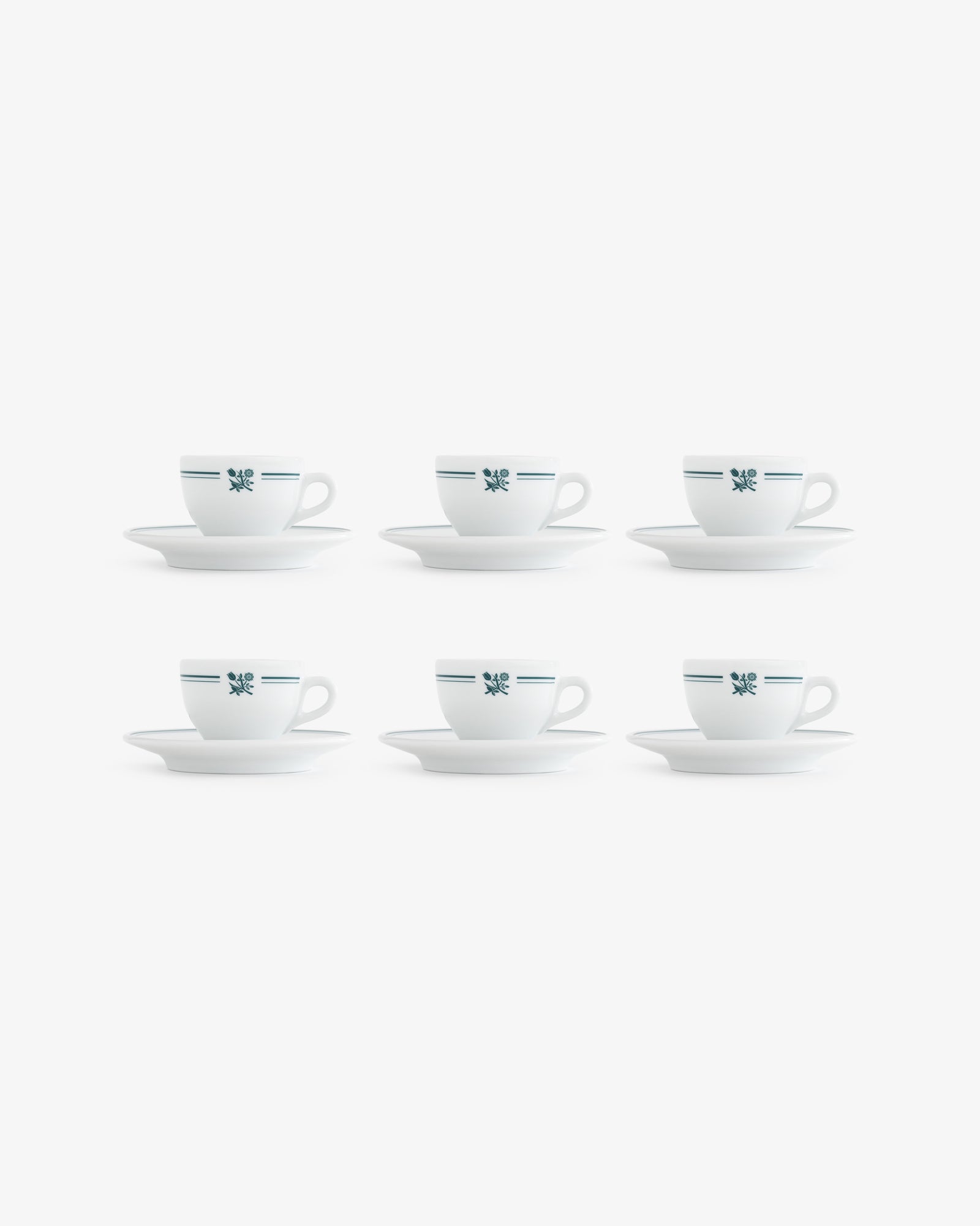 Set of 6 Café Leon Dore espresso cups & saucers, white with blue stripes and floral design, arranged in two rows.