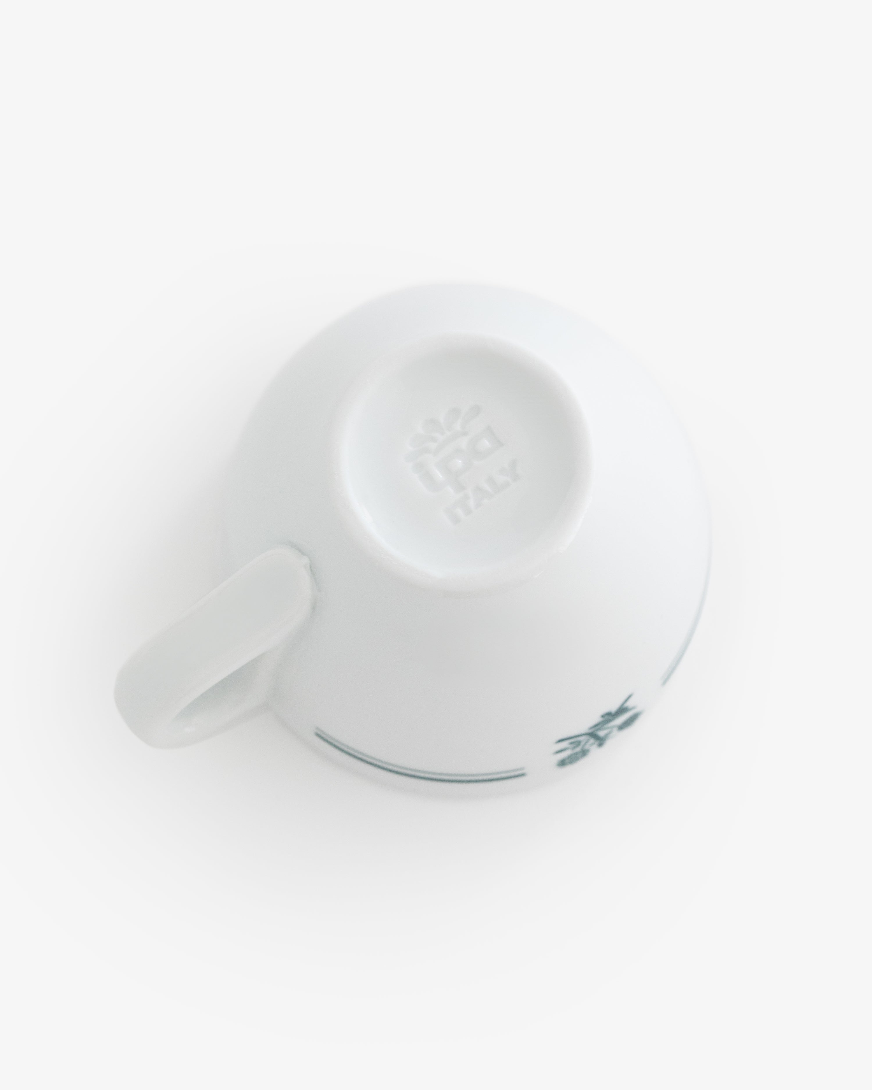 Café Leon Dore Espresso Cup upside down, Italy mark visible, small handle and blue design on side. Set of 6.