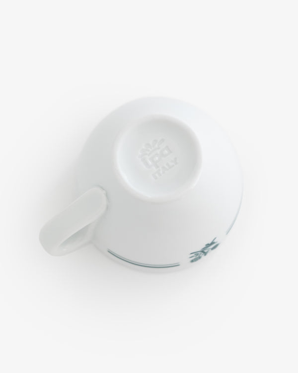 Café Leon Dore Espresso Cup upside down, Italy mark visible, small handle and blue design on side. Set of 6.