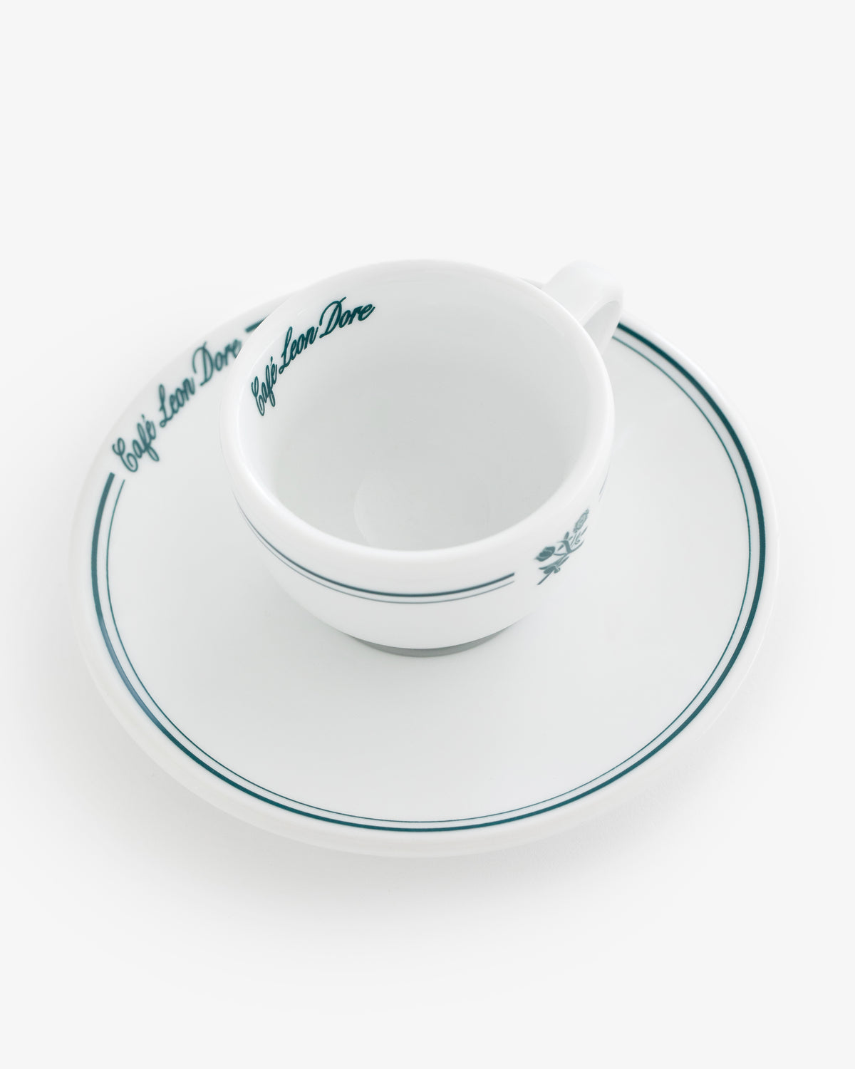 Set of 6 Café Leon Dore Espresso Cups & Saucers with green text and stripes on a plain white background.