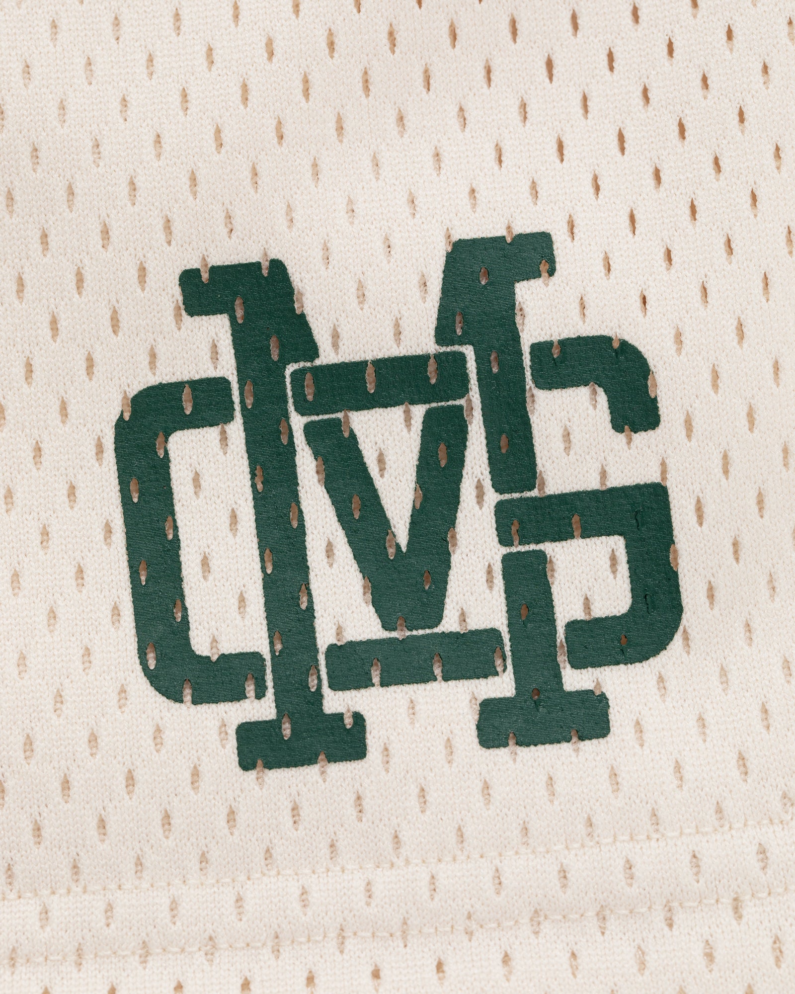 ALD / New Balance SONNY NY Gym Short features a green MVS logo on white mesh with small perforations.
