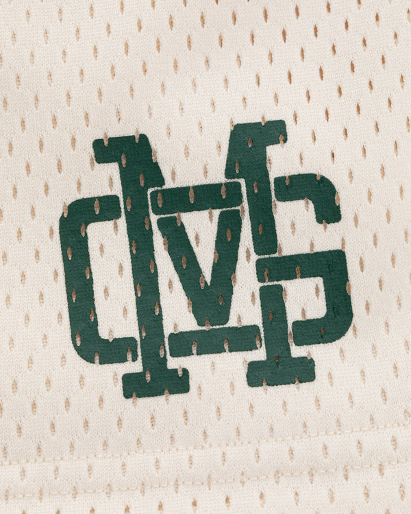 ALD / New Balance SONNY NY Gym Short features a green MVS logo on white mesh with small perforations.