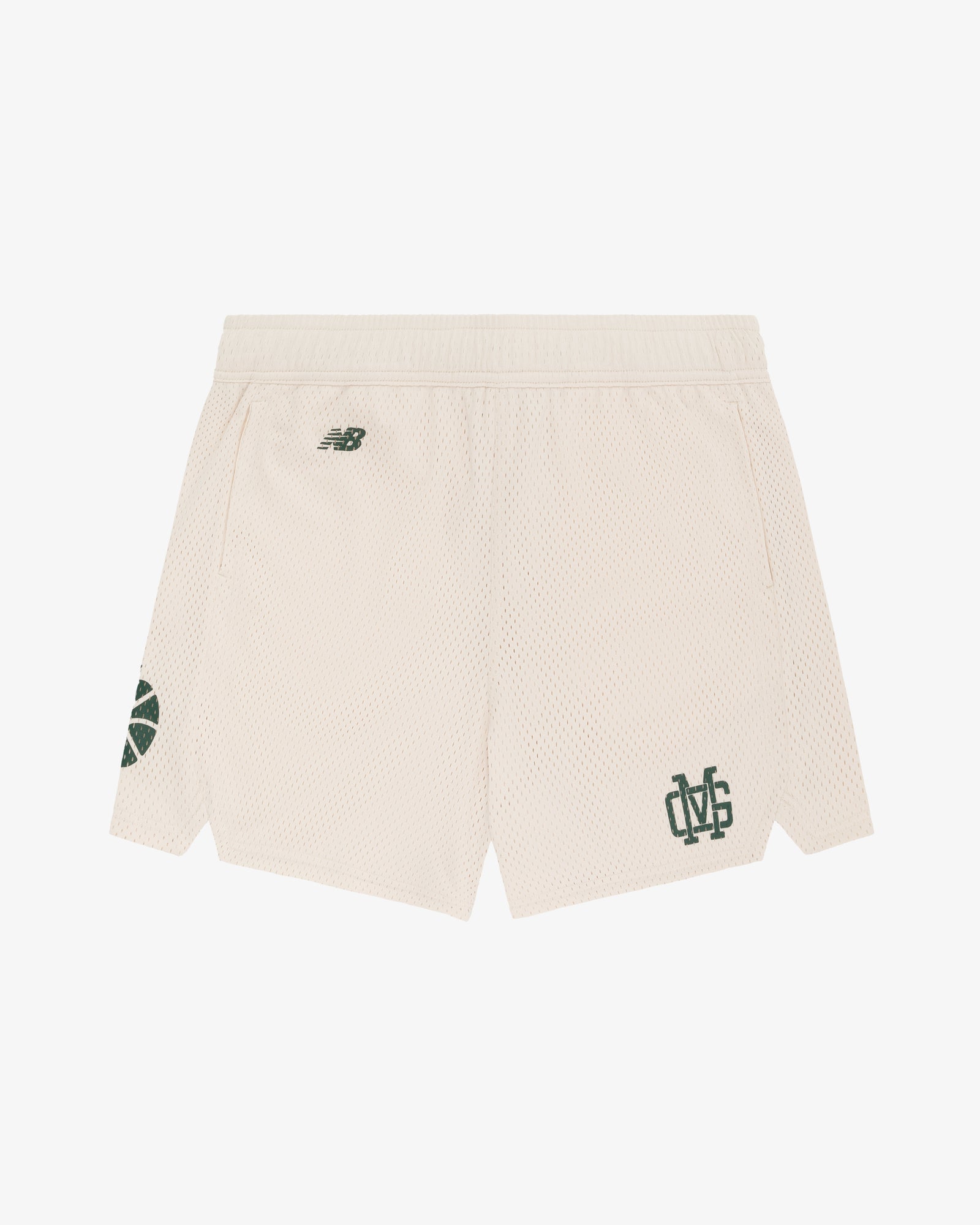 ALD / New Balance SONNY NY Gym Short: beige mesh, green logos, side pockets, and small leg slits.