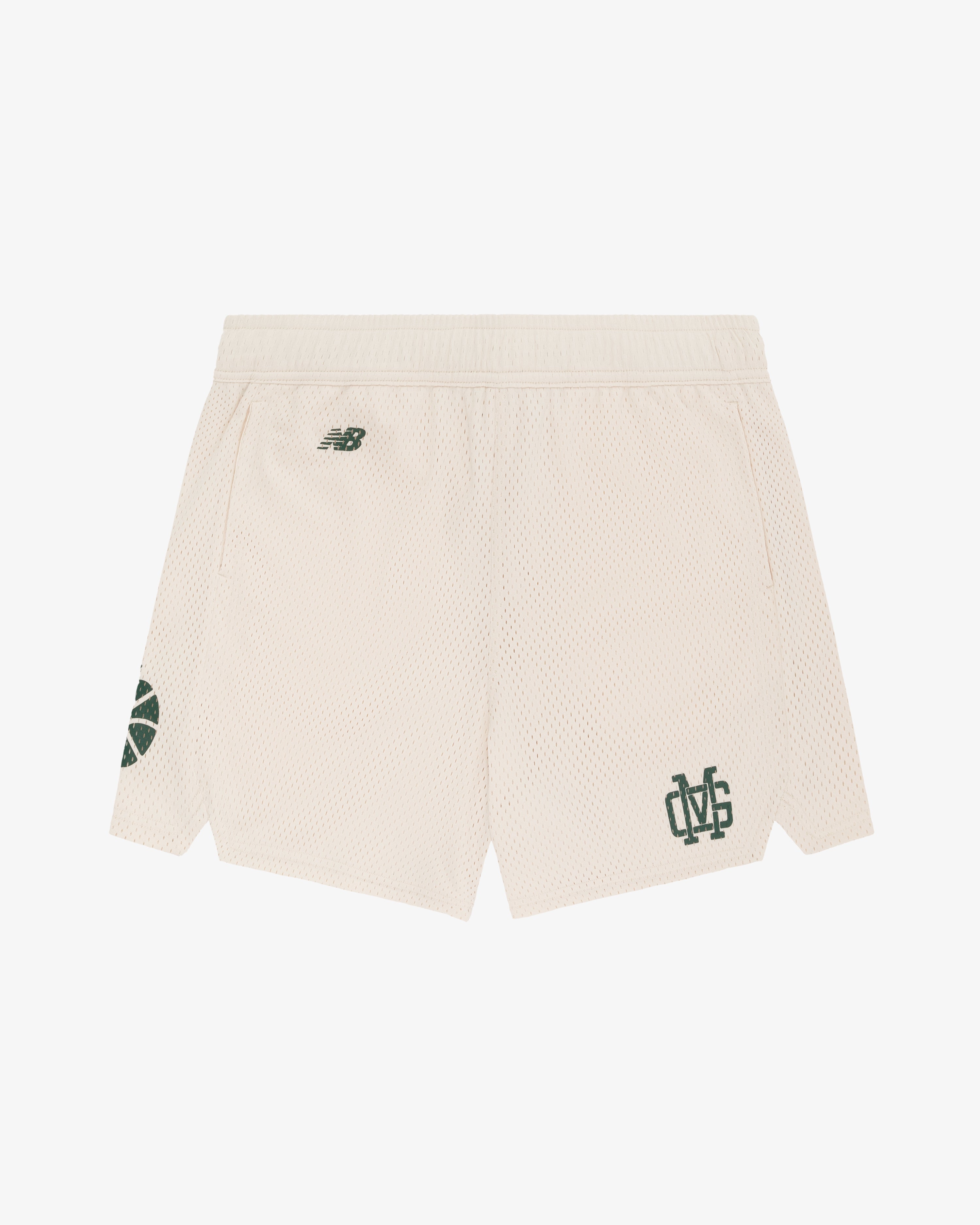 ALD / New Balance SONNY NY Gym Short: beige mesh, green logos, side pockets, and small leg slits.