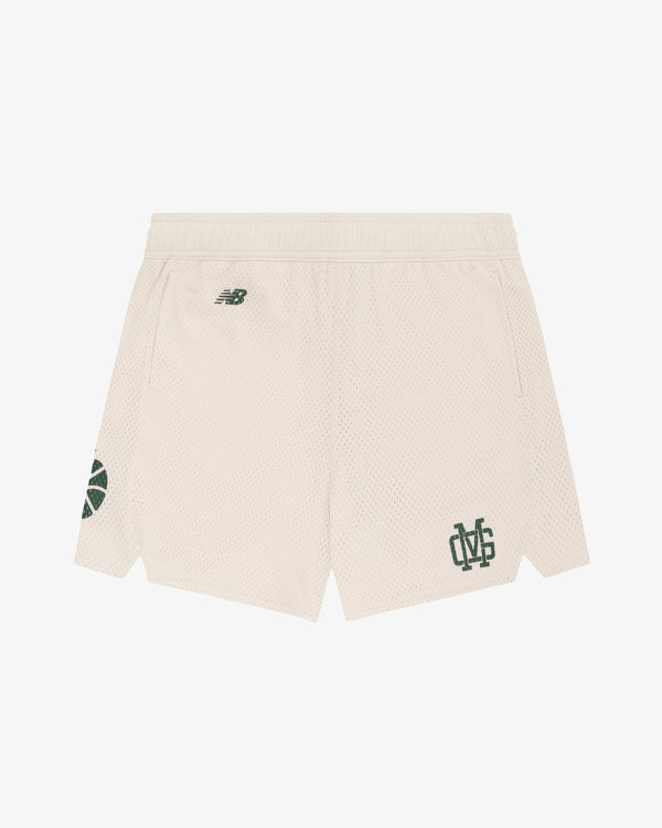 ALD / New Balance SONNY NY Gym Short: beige mesh, green logos, side pockets, and small leg slits.