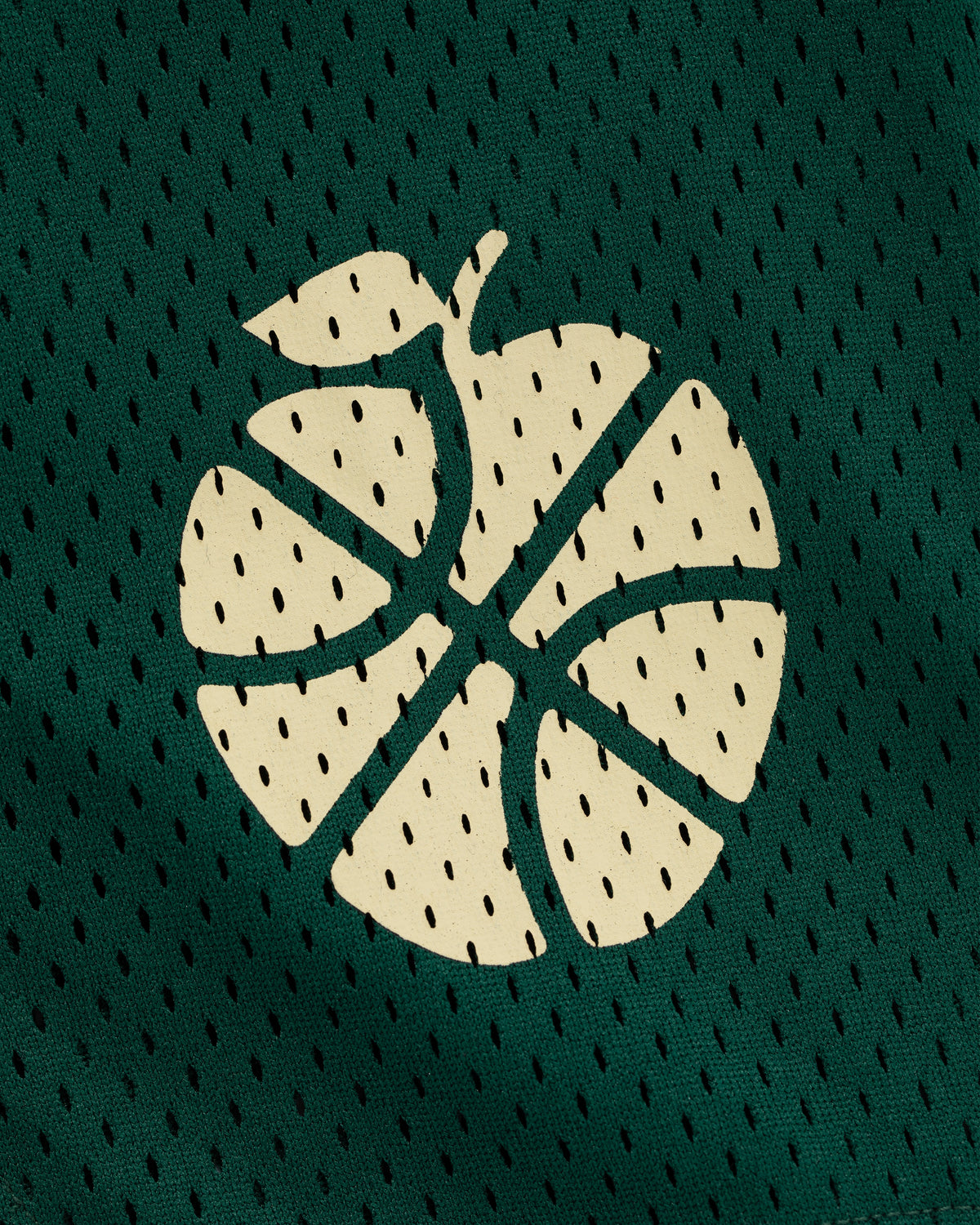A white basketball-apple logo on dark green mesh, featured on the ALD / New Balance SONNY NY Gym Short.