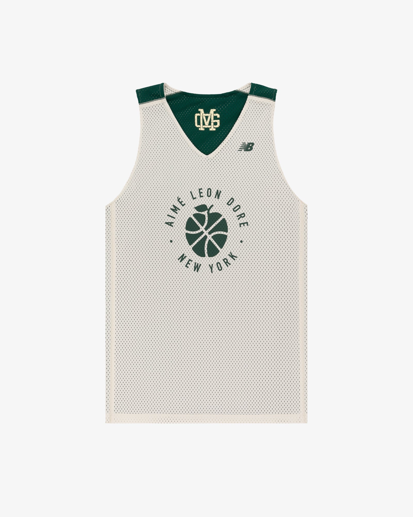 White mesh ALD / New Balance SONNY NY Reversible Jersey with green accents and New York basketball graphic on front.