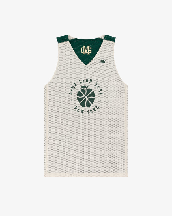 White mesh ALD / New Balance SONNY NY Reversible Jersey with green accents and New York basketball graphic on front.