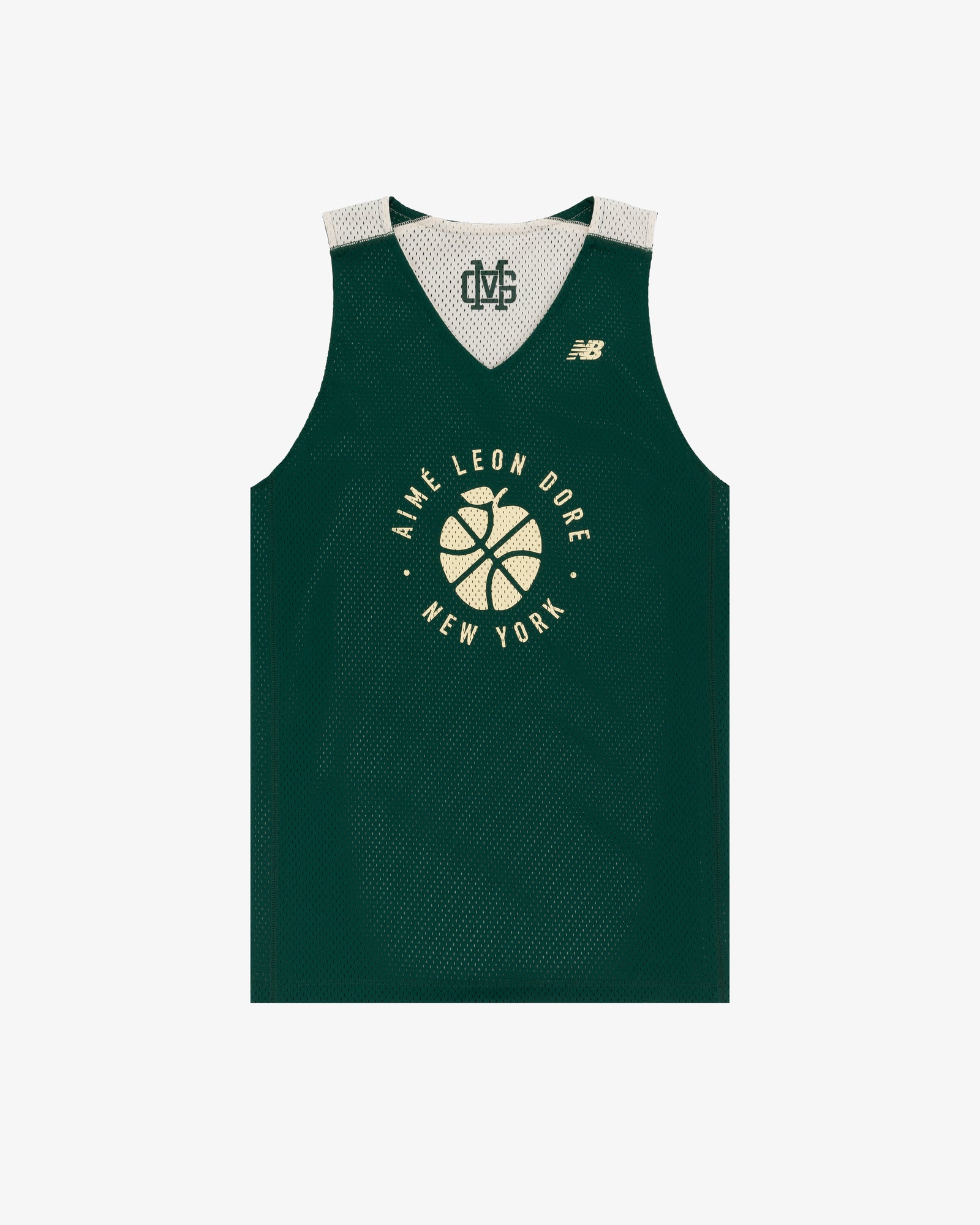 Green ALD/New Balance SONNY NY reversible jersey with yellow "Aime Leon Dore New York" and basketball graphic on front.