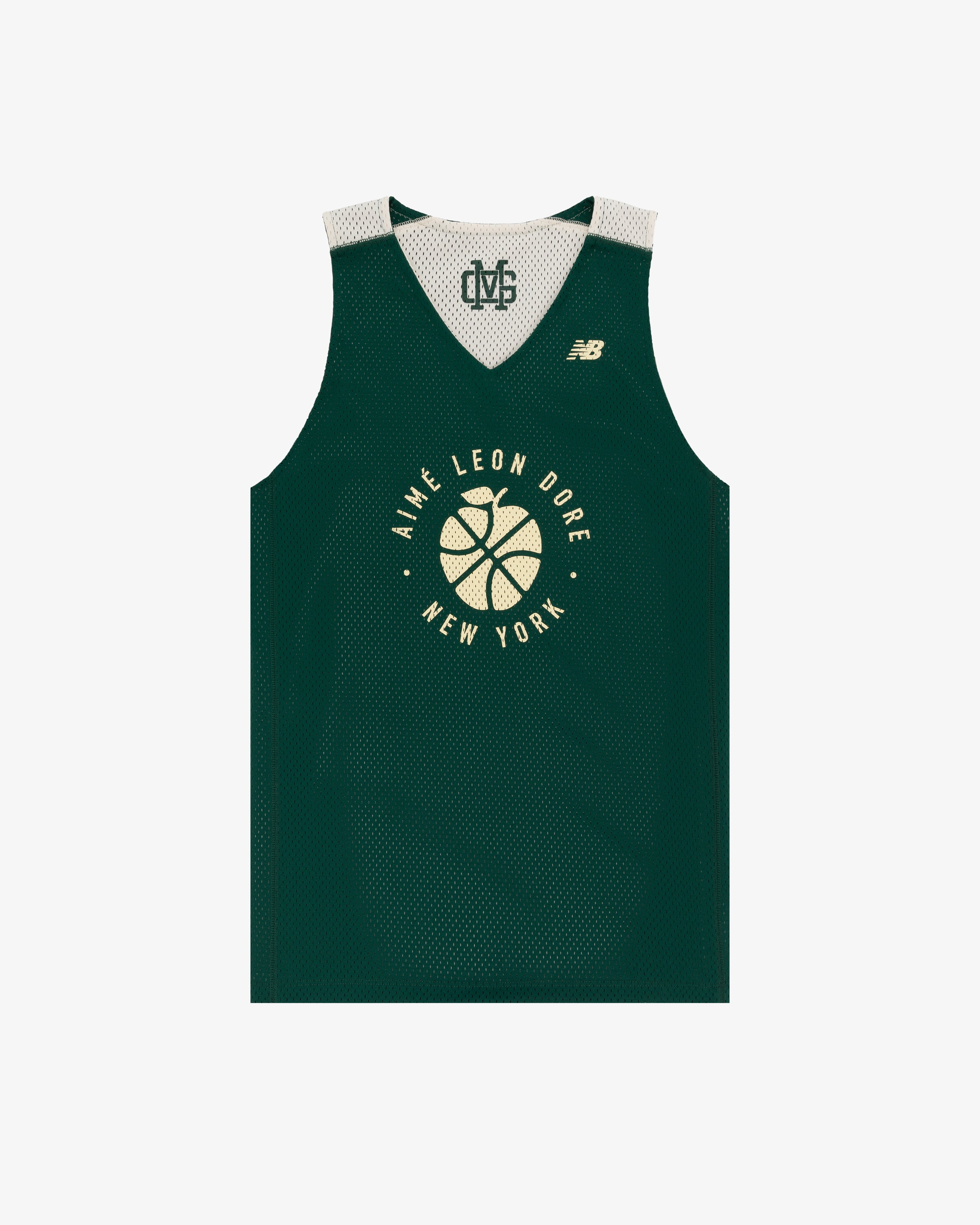 Green ALD/New Balance SONNY NY reversible jersey with yellow "Aime Leon Dore New York" and basketball graphic on front.