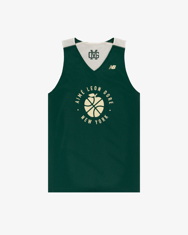 Green ALD/New Balance SONNY NY reversible jersey with yellow "Aime Leon Dore New York" and basketball graphic on front.