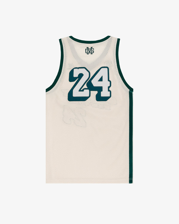 ALD / New Balance SONNY NY IFTB Jersey: Cream mesh with dark green trim and large white-green 24 on back.
