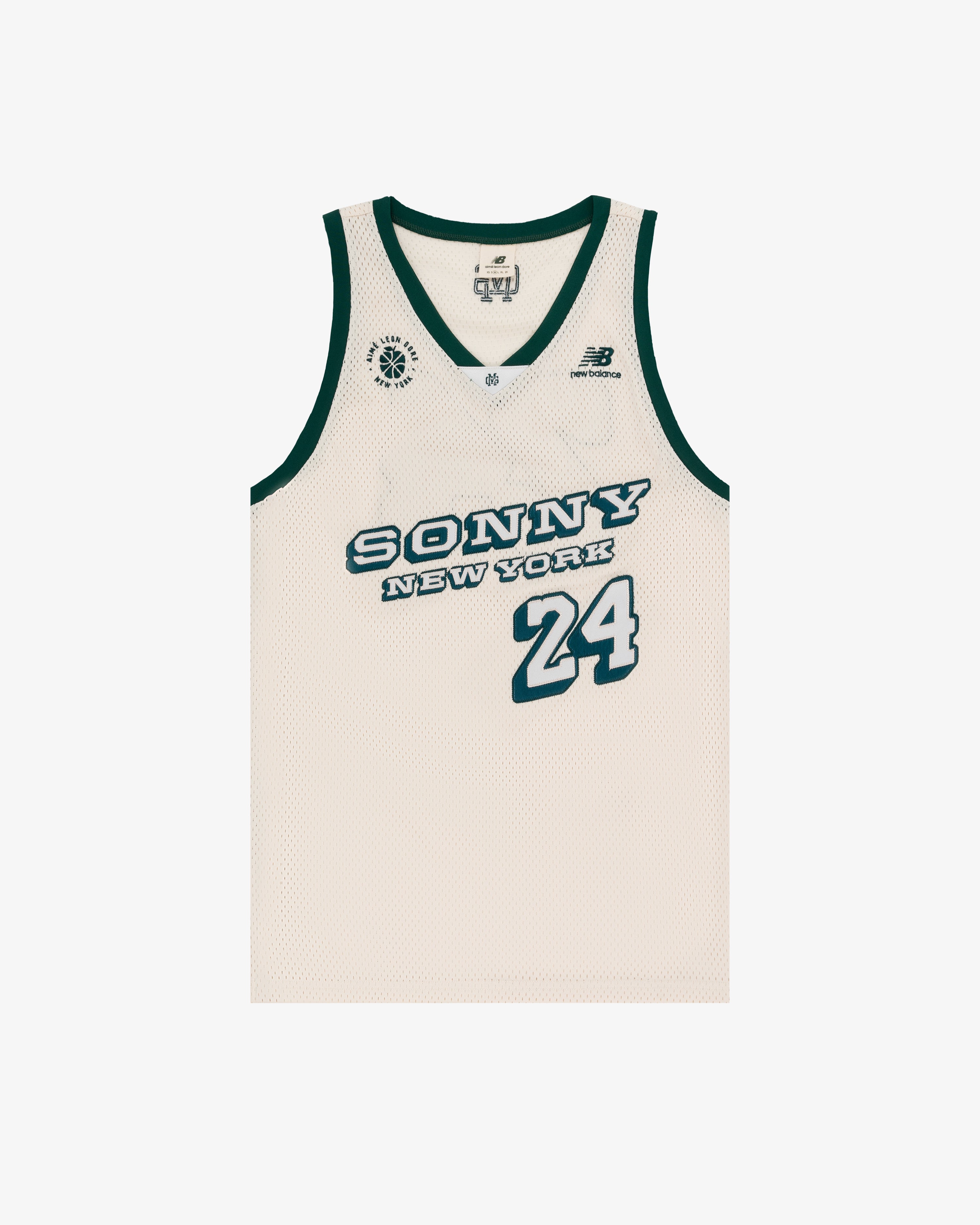 Cream ALD / New Balance SONNY NY IFTB Jersey with green trim and number 24 printed on the front in green.