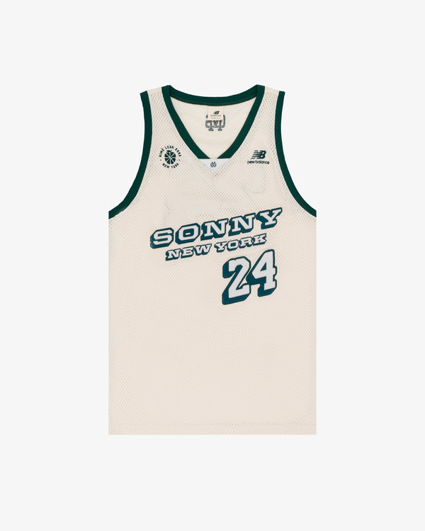 Cream ALD / New Balance SONNY NY IFTB Jersey with green trim and number 24 printed on the front in green.