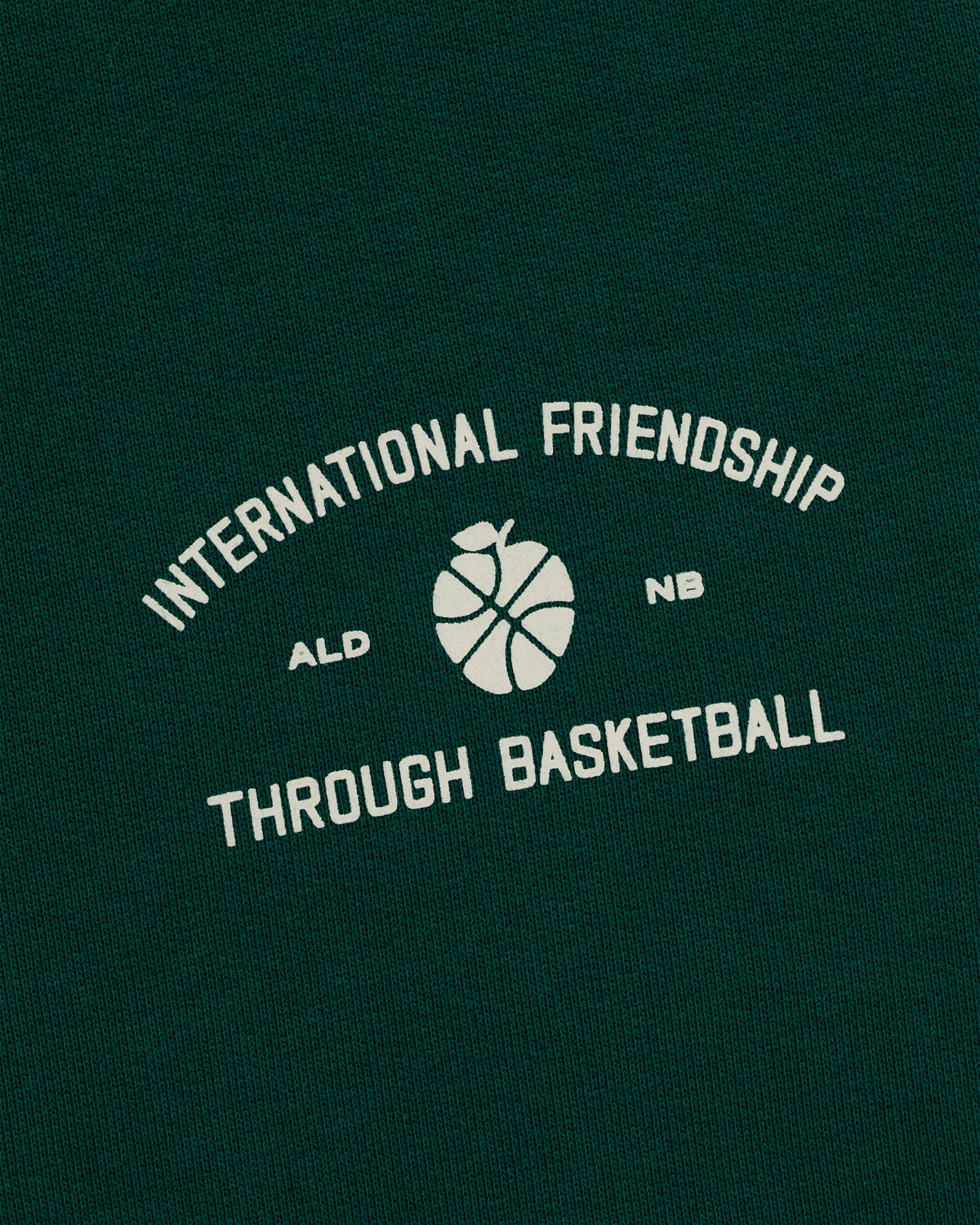 ALD / New Balance SONNY NY IFTB Crewneck Sweatshirt: green with International Friendship Through Basketball text and graphic.