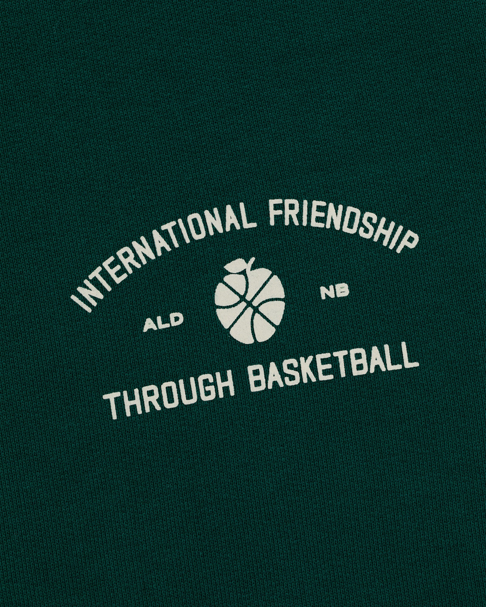 ALD / New Balance SONNY NY IFTB Crewneck Sweatshirt: green with International Friendship Through Basketball text and graphic.