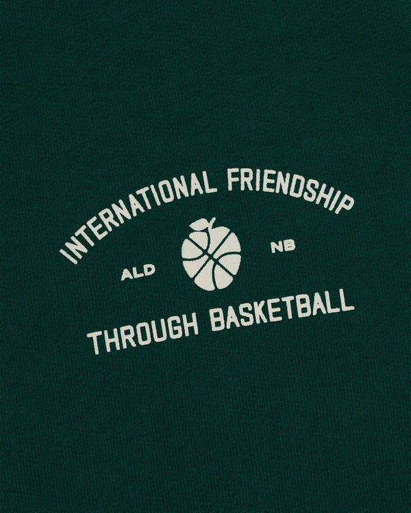 ALD / New Balance SONNY NY IFTB Crewneck Sweatshirt: green with International Friendship Through Basketball text and graphic.