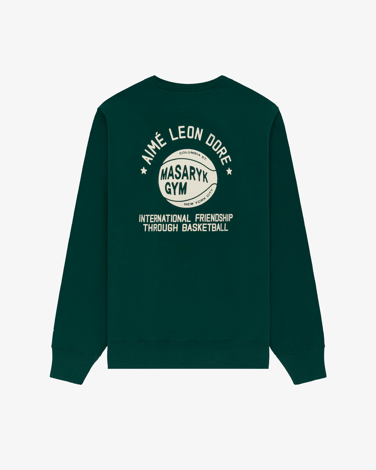 Dark green ALD / New Balance SONNY NY IFTB Crewneck with basketball graphic and "International Friendship" text.
