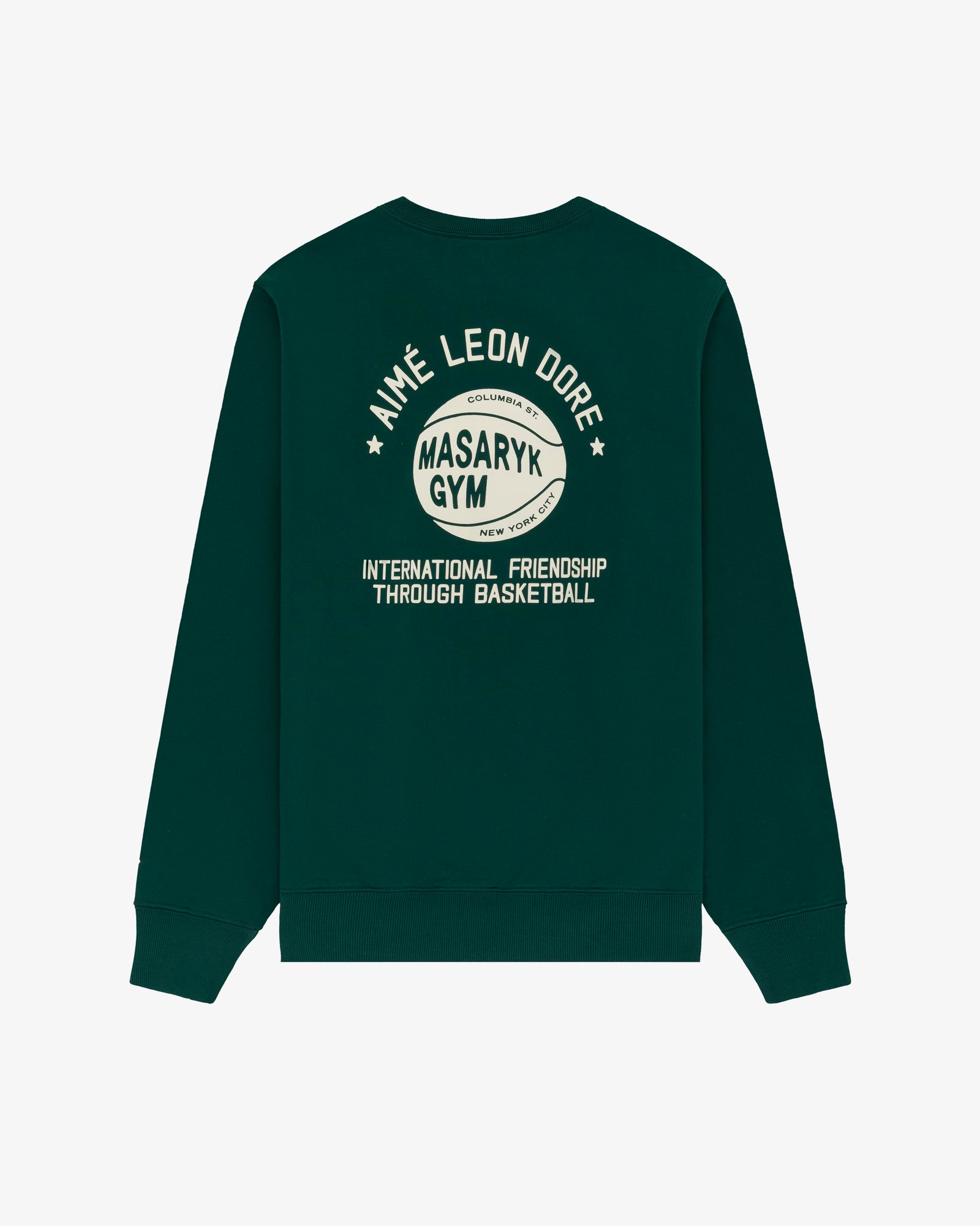 Dark green ALD / New Balance SONNY NY IFTB Crewneck with basketball graphic and "International Friendship" text.
