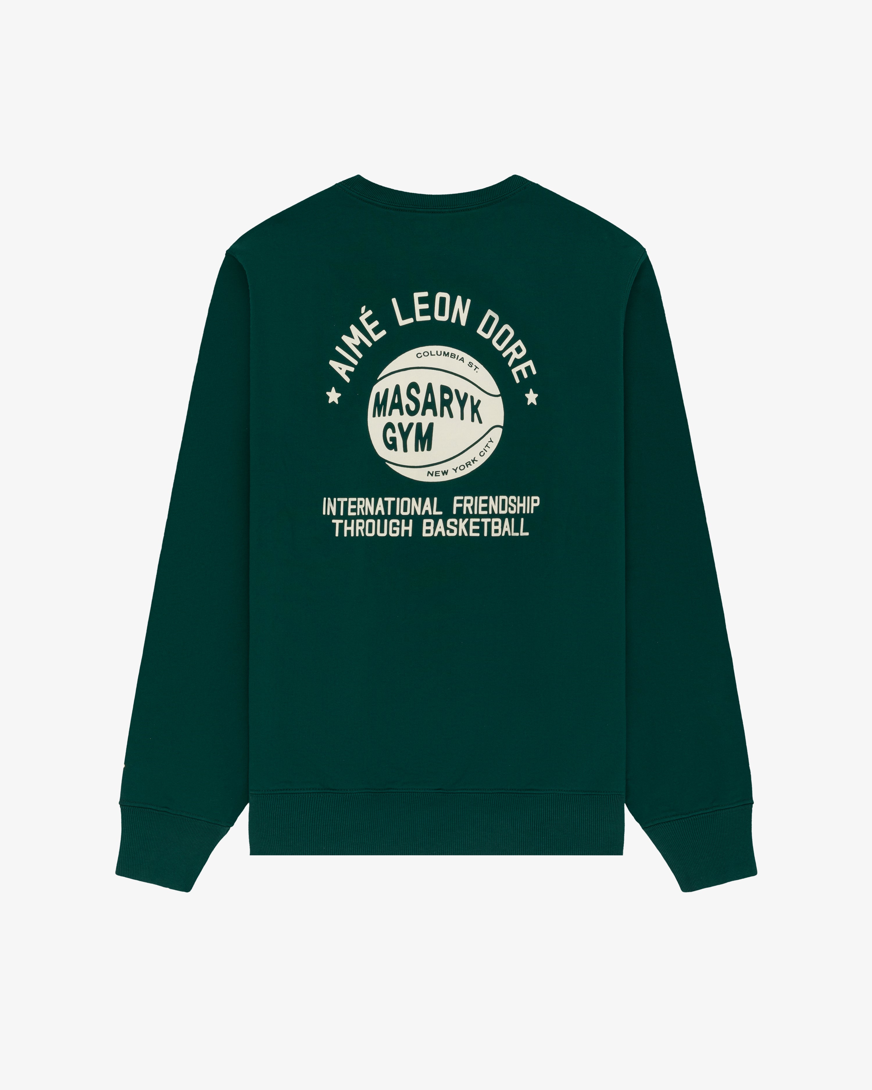 Dark green ALD / New Balance SONNY NY IFTB Crewneck with basketball graphic and "International Friendship" text.