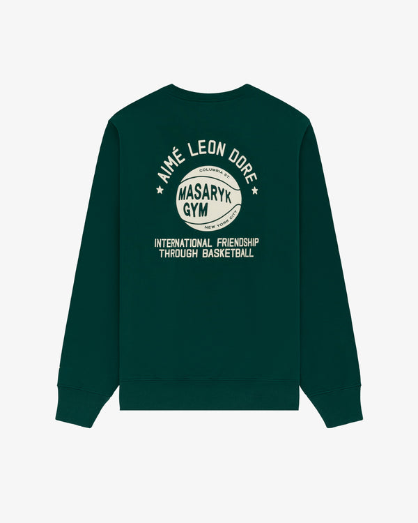 Dark green ALD / New Balance SONNY NY IFTB Crewneck with basketball graphic and "International Friendship" text.