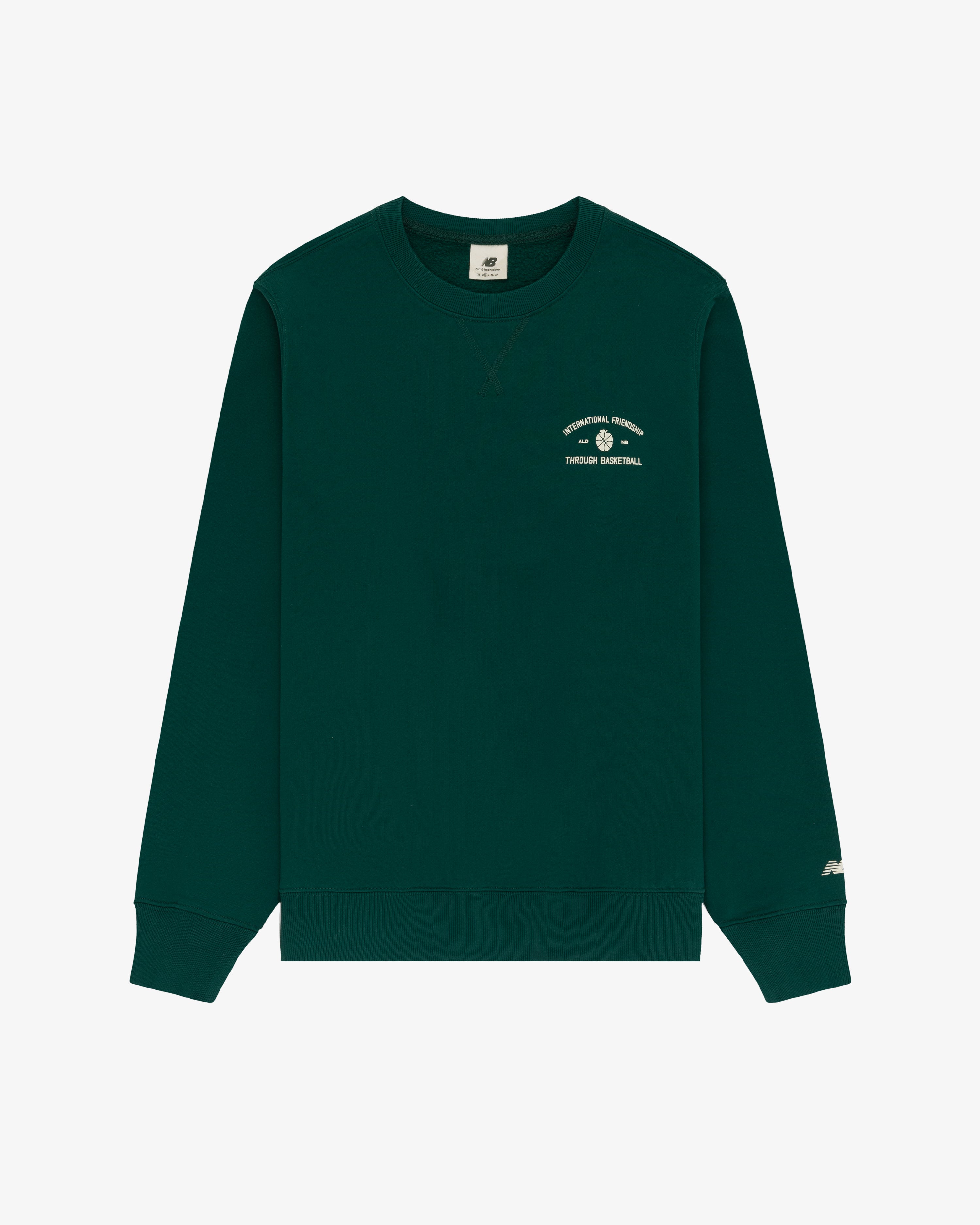 ALD / New Balance SONNY NY IFTB crewneck: dark green with small white graphic/text on left chest, shown on white.