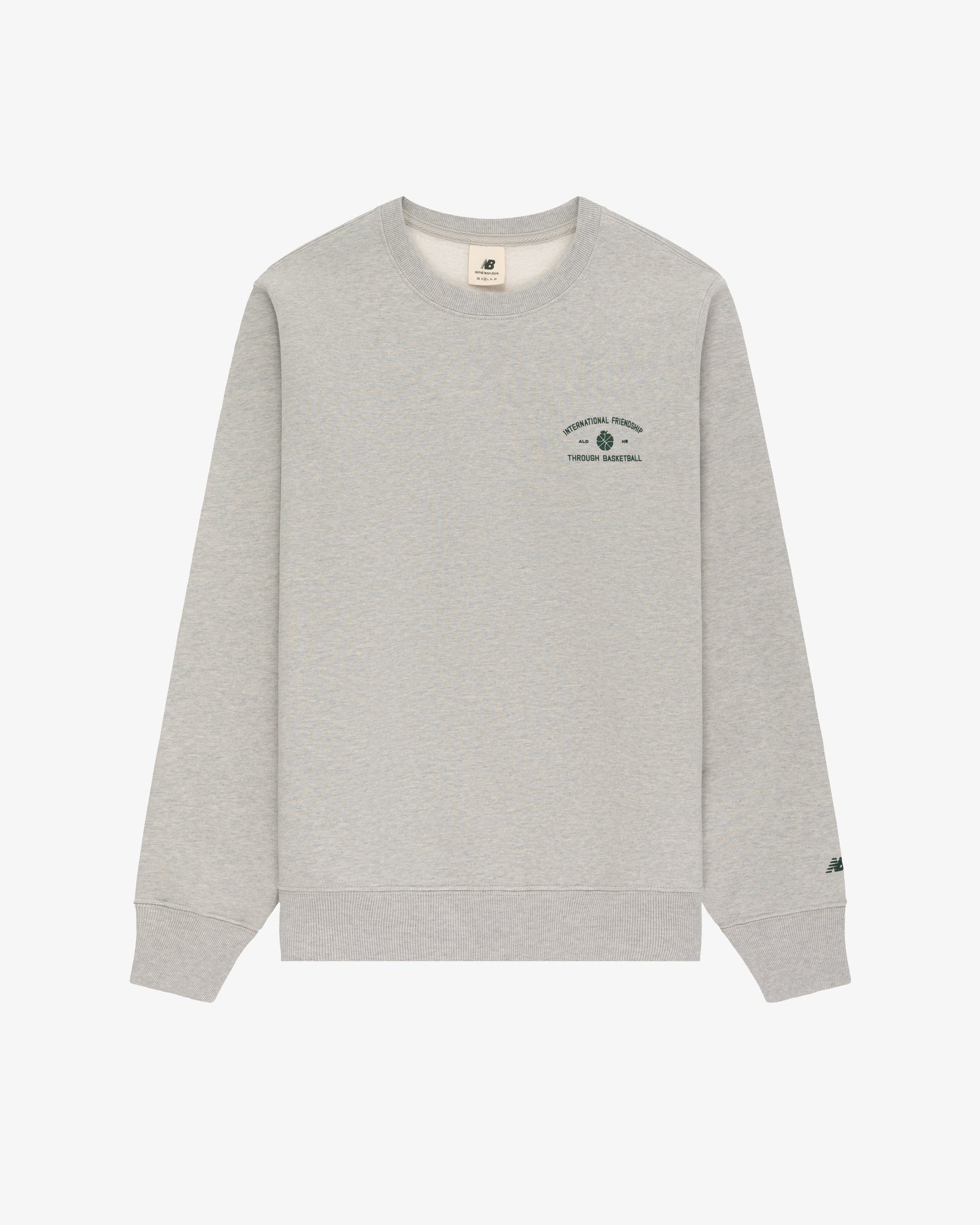 ALD / New Balance SONNY NY IFTB light gray crewneck with small green chest text/logo and left sleeve detail.