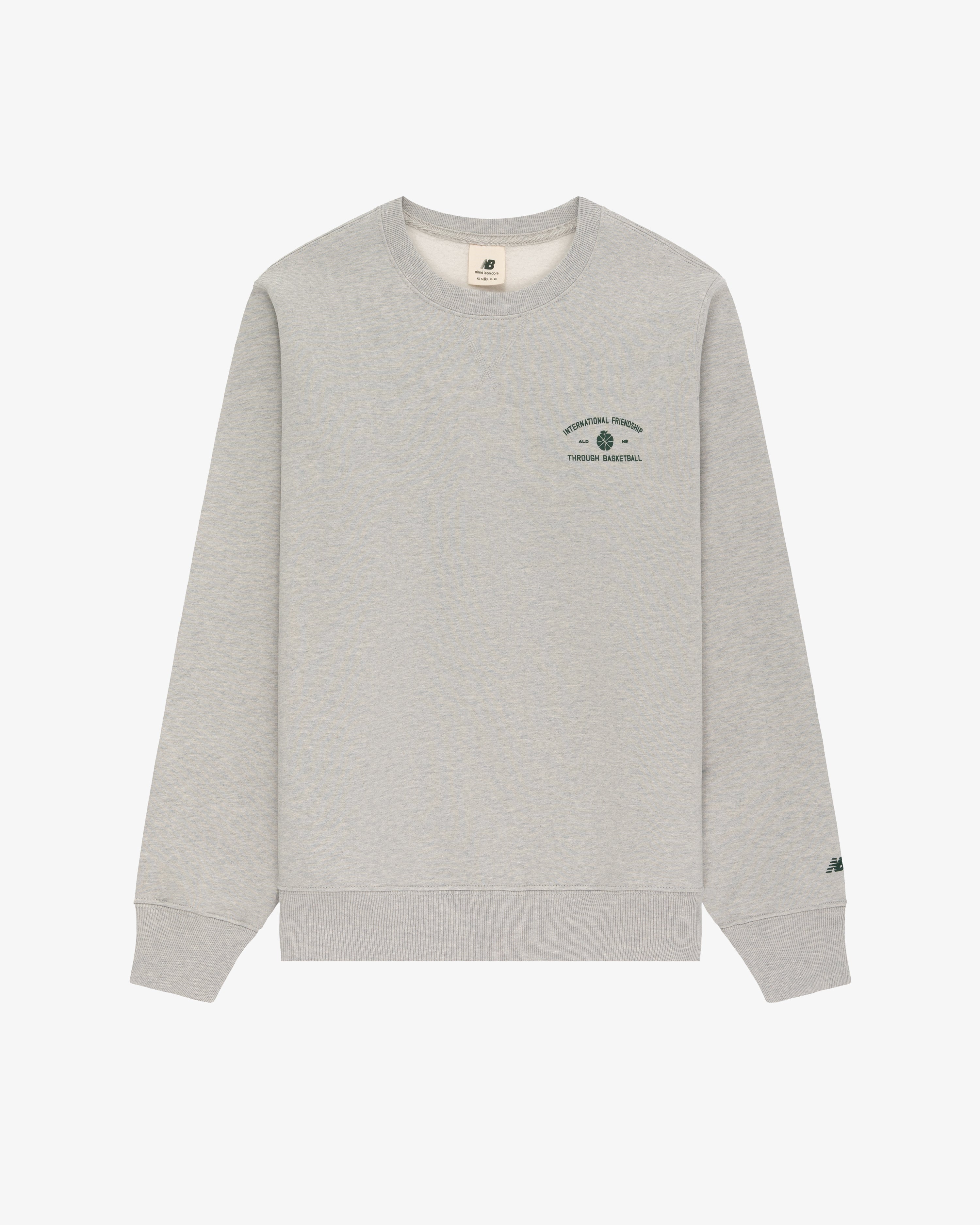 ALD / New Balance SONNY NY IFTB light gray crewneck with small green chest text/logo and left sleeve detail.