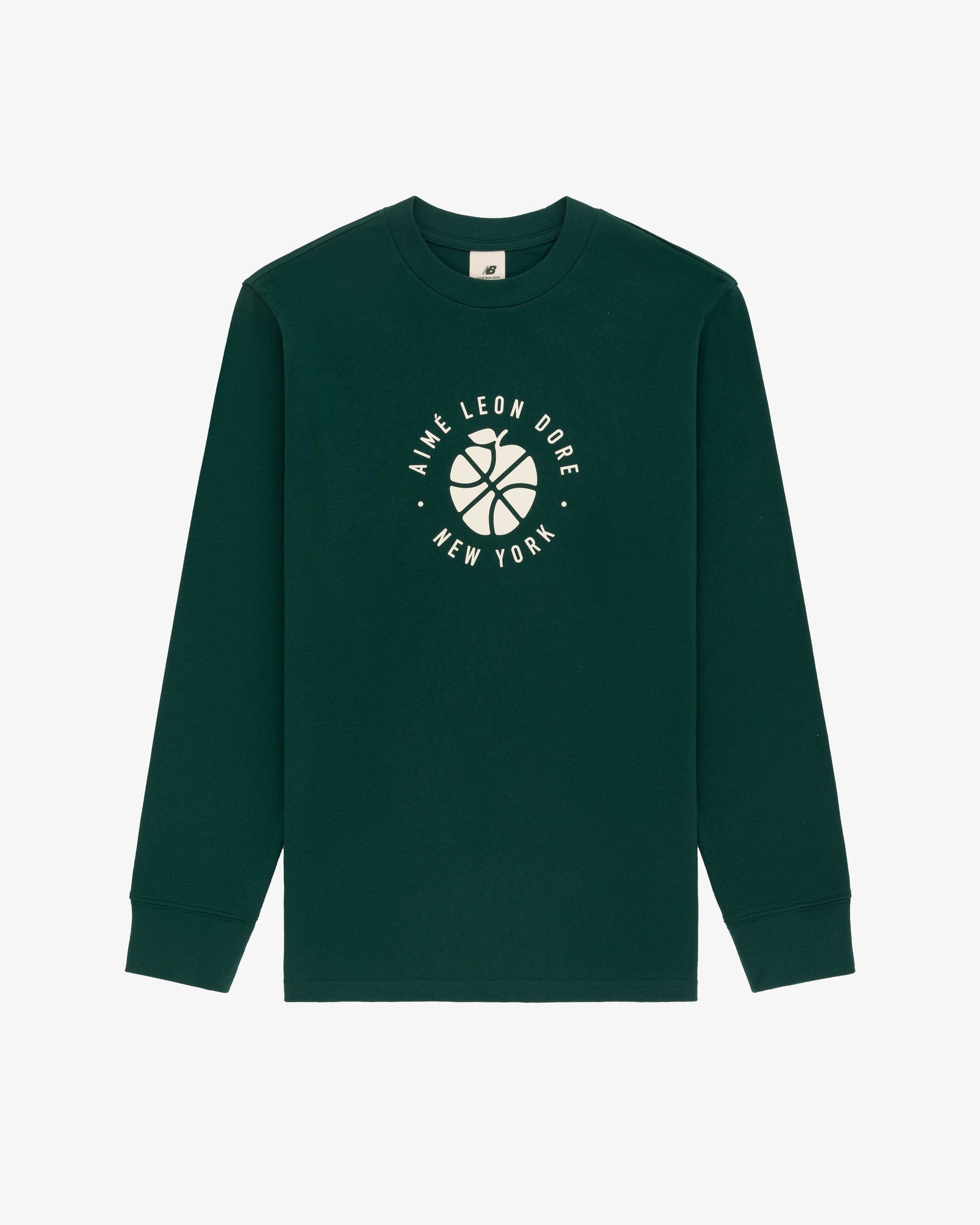 ALD / New Balance SONNY NY Long-Sleeve Tee in dark green with white "Aime Leon Dore New York" and basketball graphic.