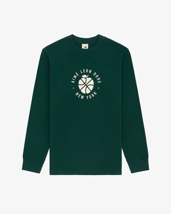 ALD / New Balance SONNY NY Long-Sleeve Tee in dark green with white "Aime Leon Dore New York" and basketball graphic.