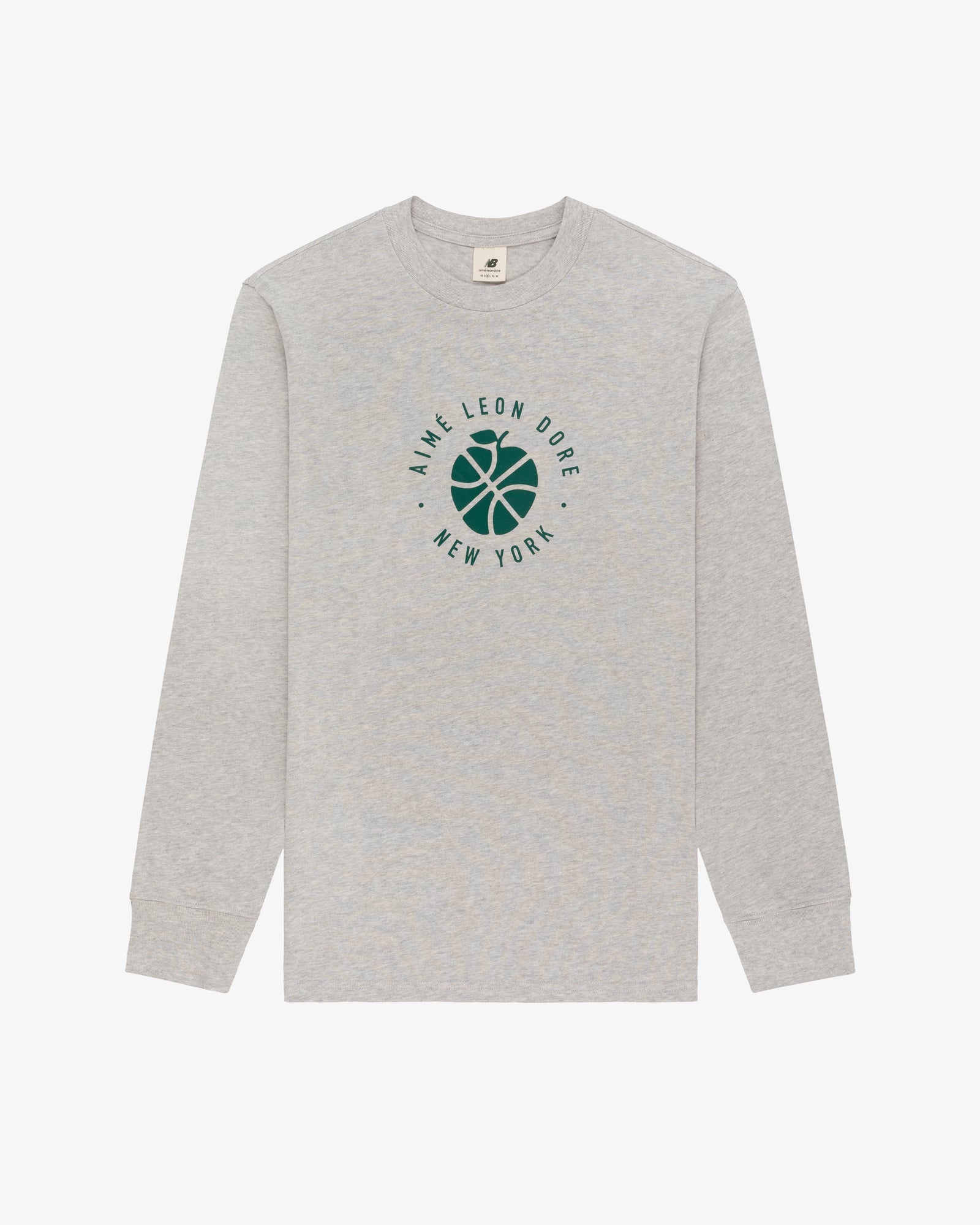 Light grey ALD / New Balance SONNY NY long-sleeve tee with green basketball logo and chest print.
