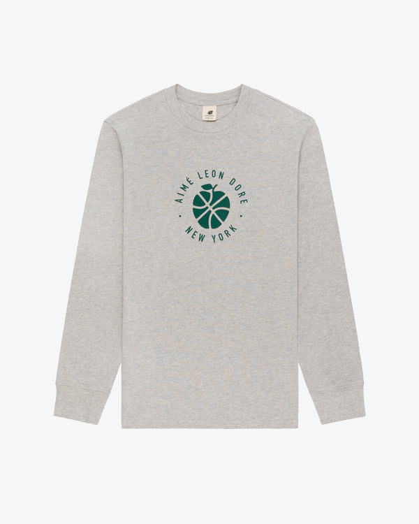 Light grey ALD / New Balance SONNY NY long-sleeve tee with green basketball logo and chest print.