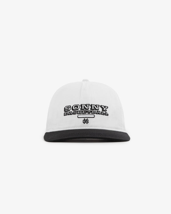 ALD / New Balance SONNY NY League Hat: white cap with black brim, “Sonny Basketball” embroidered on front.