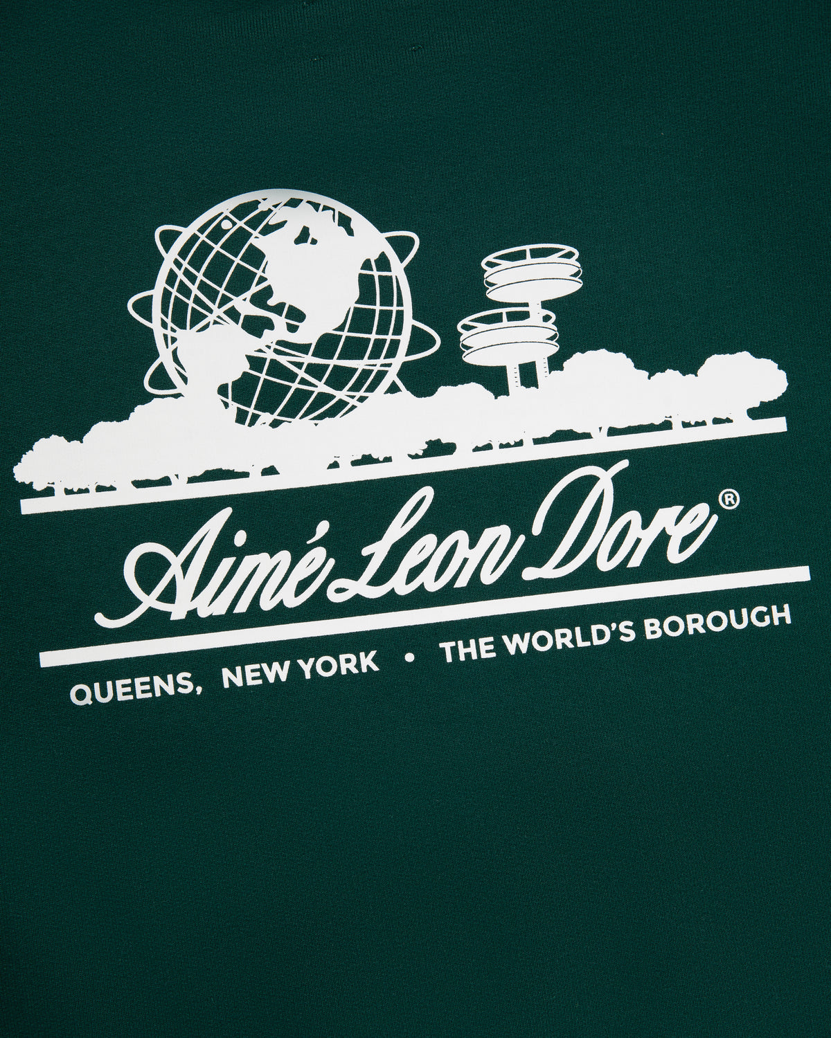 White graphics and The Worlds Borough text on green Unisphere Crewneck Sweatshirt by Aimé Leon Dore, Queens, New York.