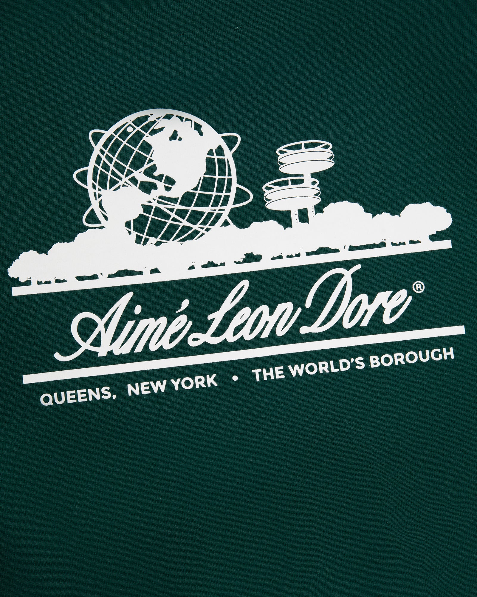 White graphics and The Worlds Borough text on green Unisphere Crewneck Sweatshirt by Aimé Leon Dore, Queens, New York.