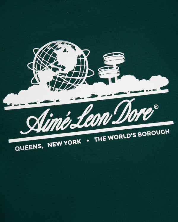 White graphics and The Worlds Borough text on green Unisphere Crewneck Sweatshirt by Aimé Leon Dore, Queens, New York.