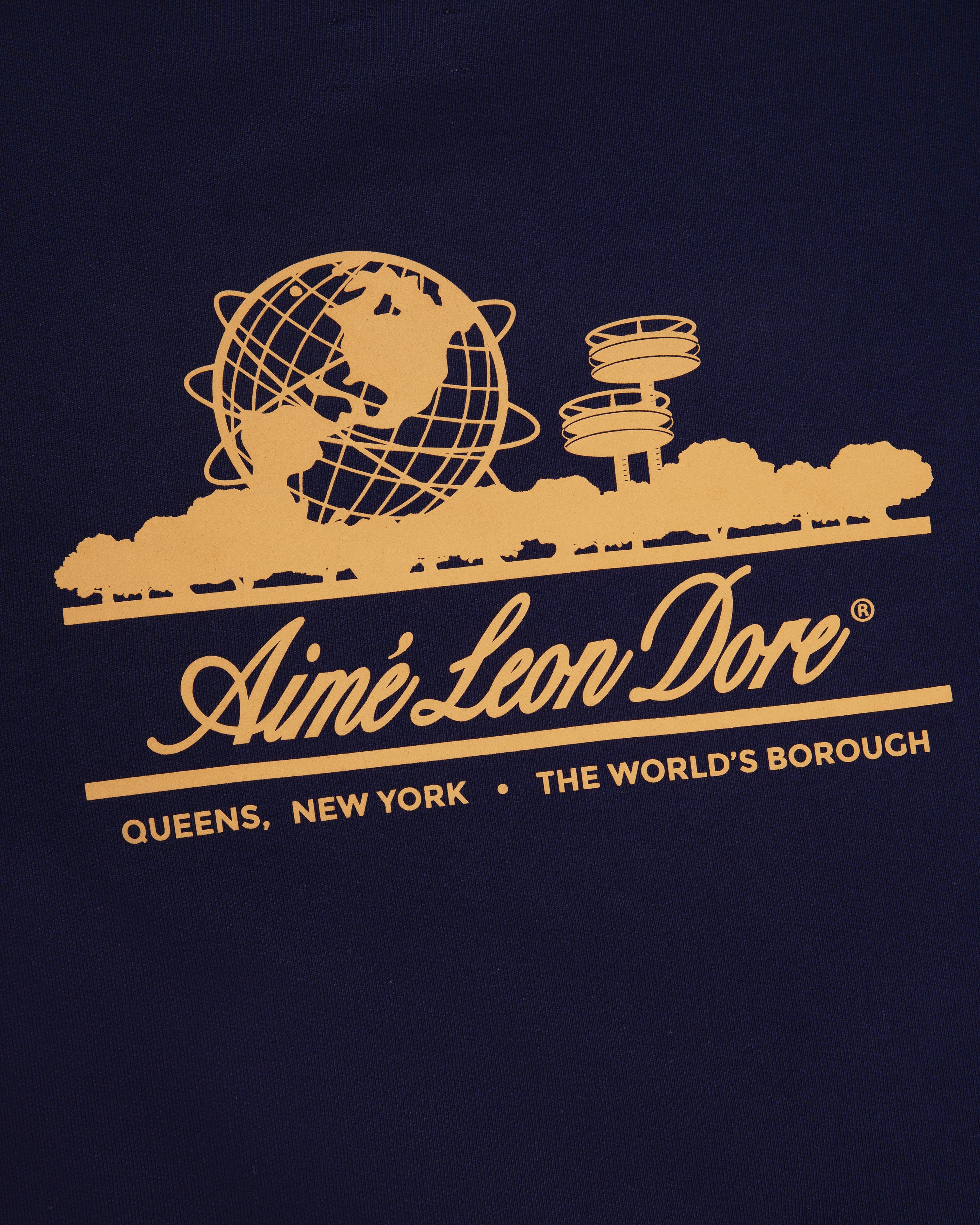 Navy Unisphere Hoodie with yellow graphic of Queens landmarks, globe, Aimé Leon Dore, and The World's Borough.