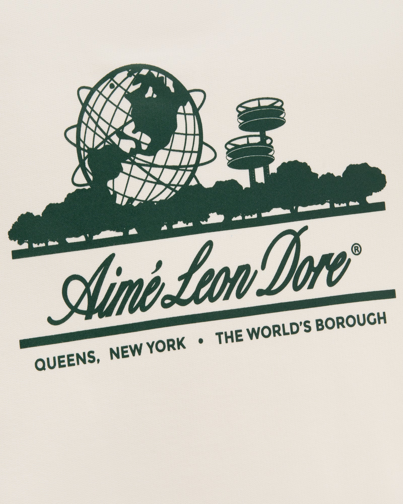 Green graphic Unisphere Crewneck Sweatshirt with globe, observatory, trees, Aimé Leon Dore text, and Queens, NY.