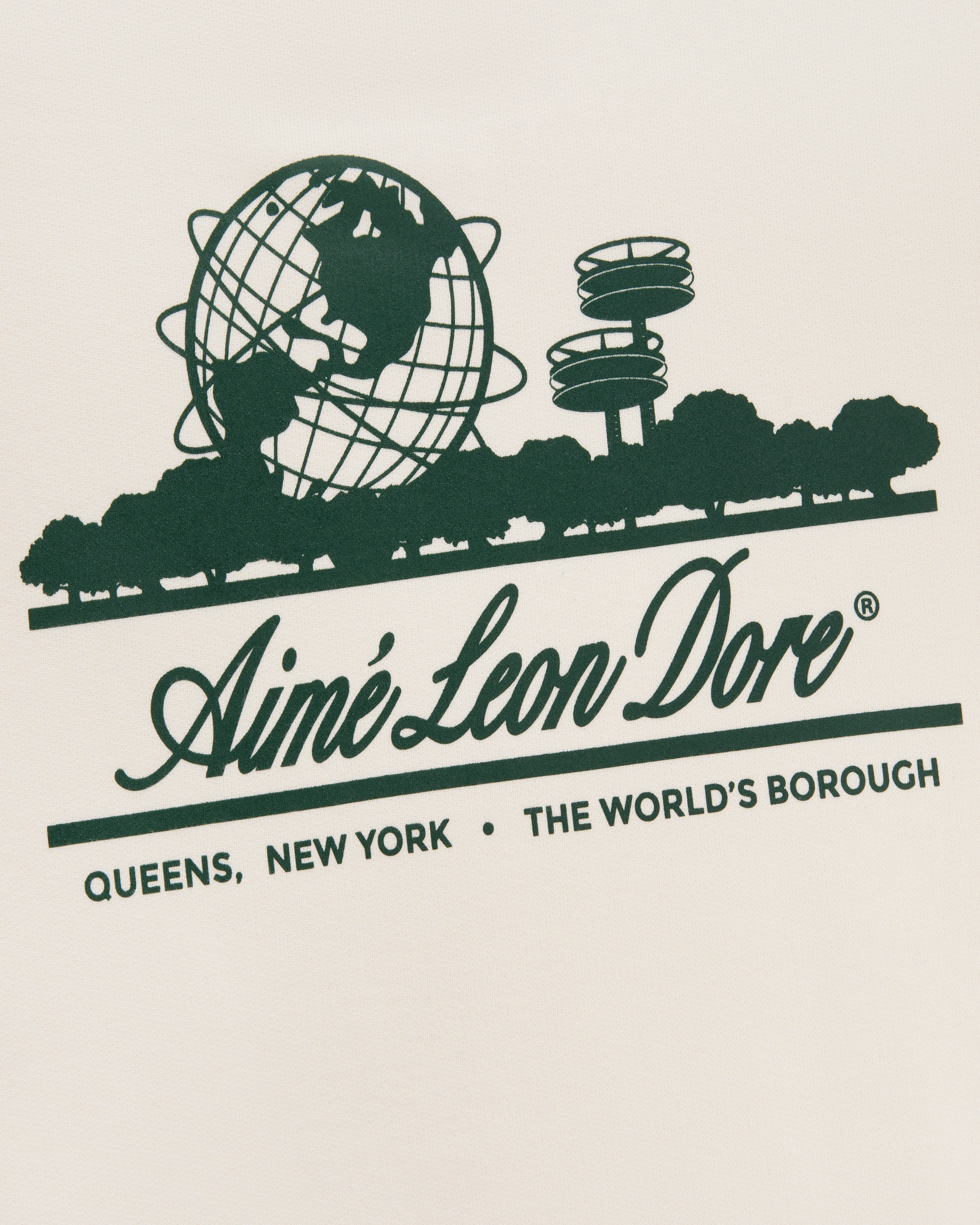Green graphic Unisphere Crewneck Sweatshirt with globe, observatory, trees, Aimé Leon Dore text, and Queens, NY.
