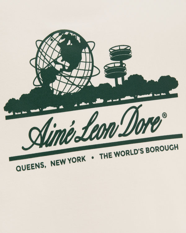 Green graphic Unisphere Crewneck Sweatshirt with globe, observatory, trees, Aimé Leon Dore text, and Queens, NY.