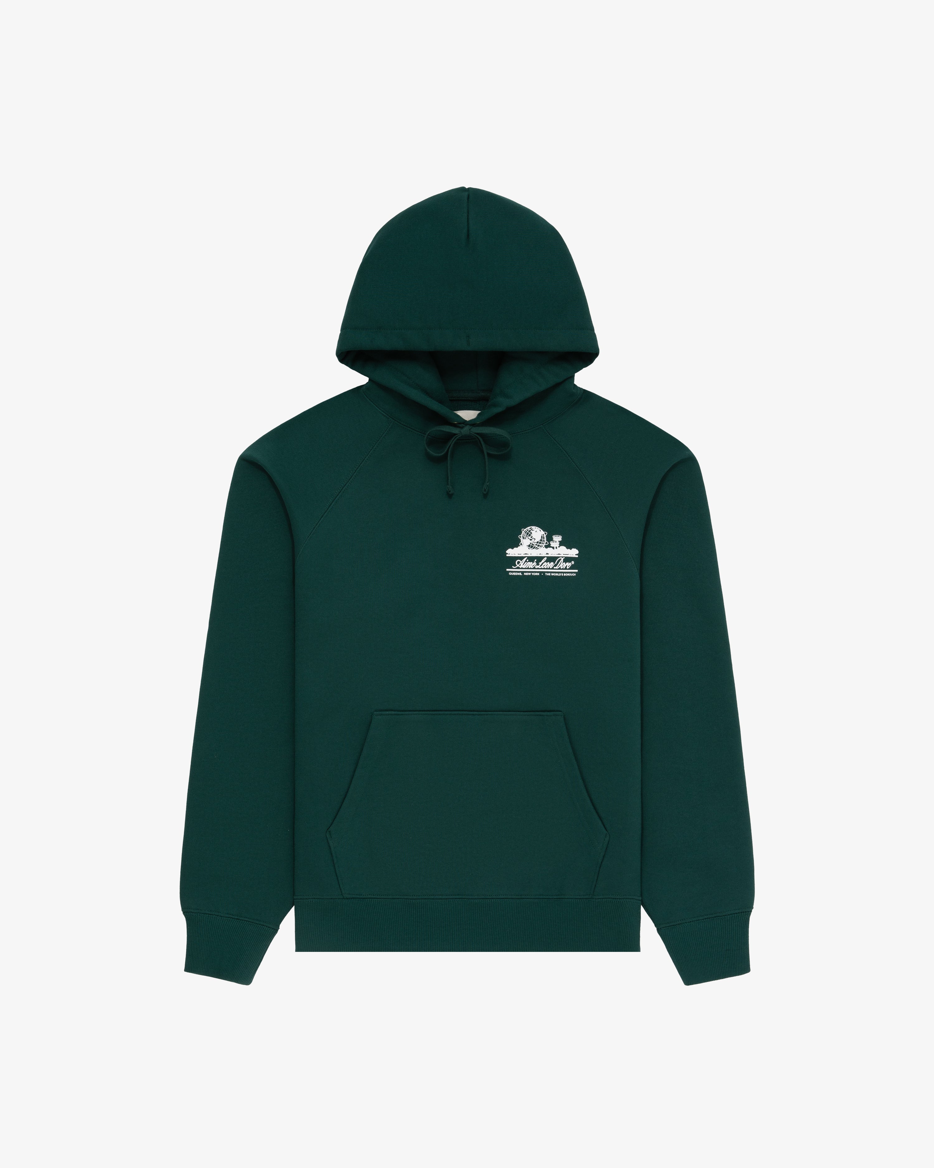 Unisphere Hoodie in dark green with hood, front pocket, and small left-chest graphic, shown on white background.