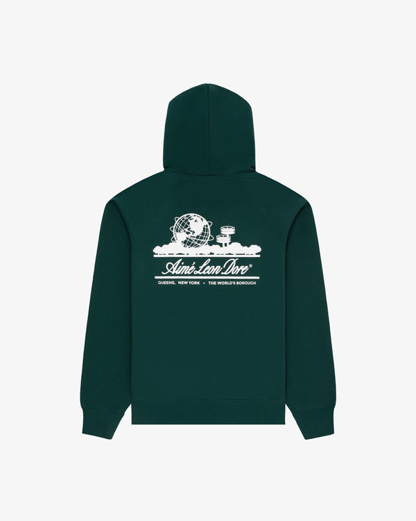Unisphere Hoodie: Dark green with white Unisphere & NYC graphic, Aimé Leon Dore branding, and back text.