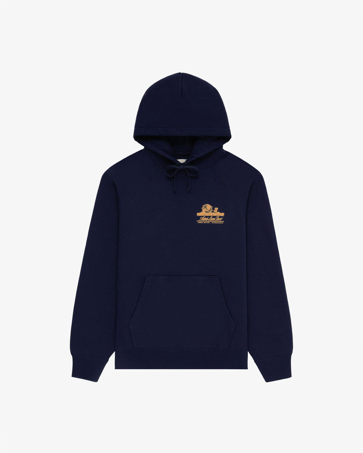 Unisphere Hoodie in navy blue with a front pocket and small gold graphic on the left chest.