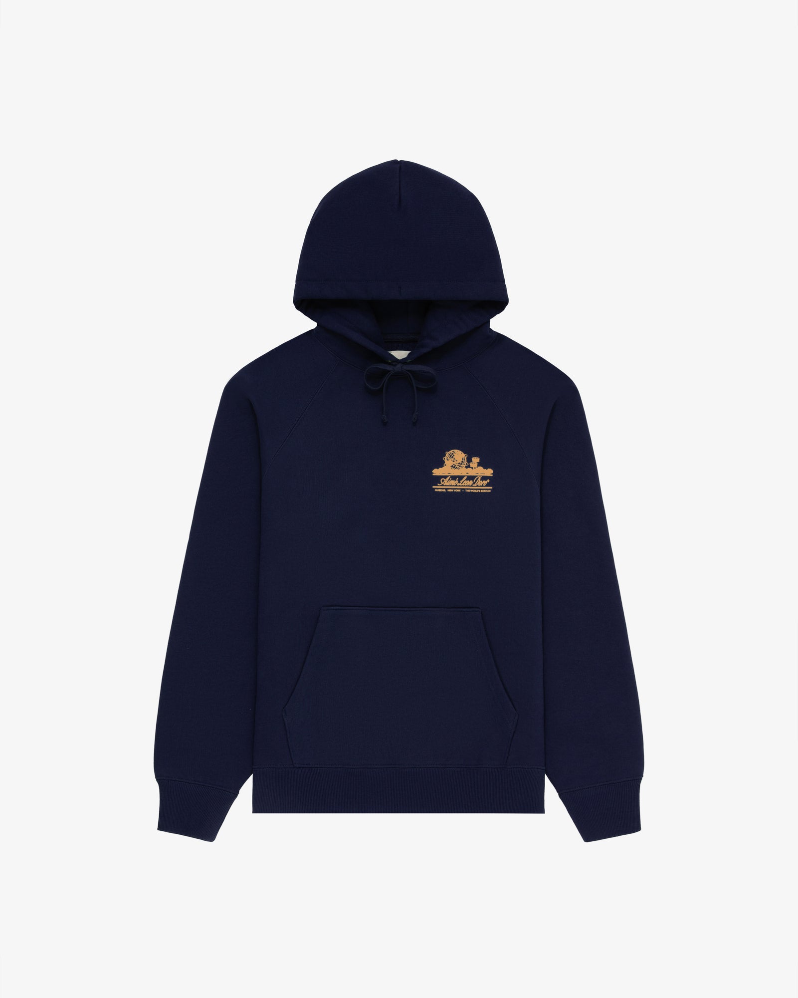 Unisphere Hoodie in navy blue with a front pocket and small gold graphic on the left chest.