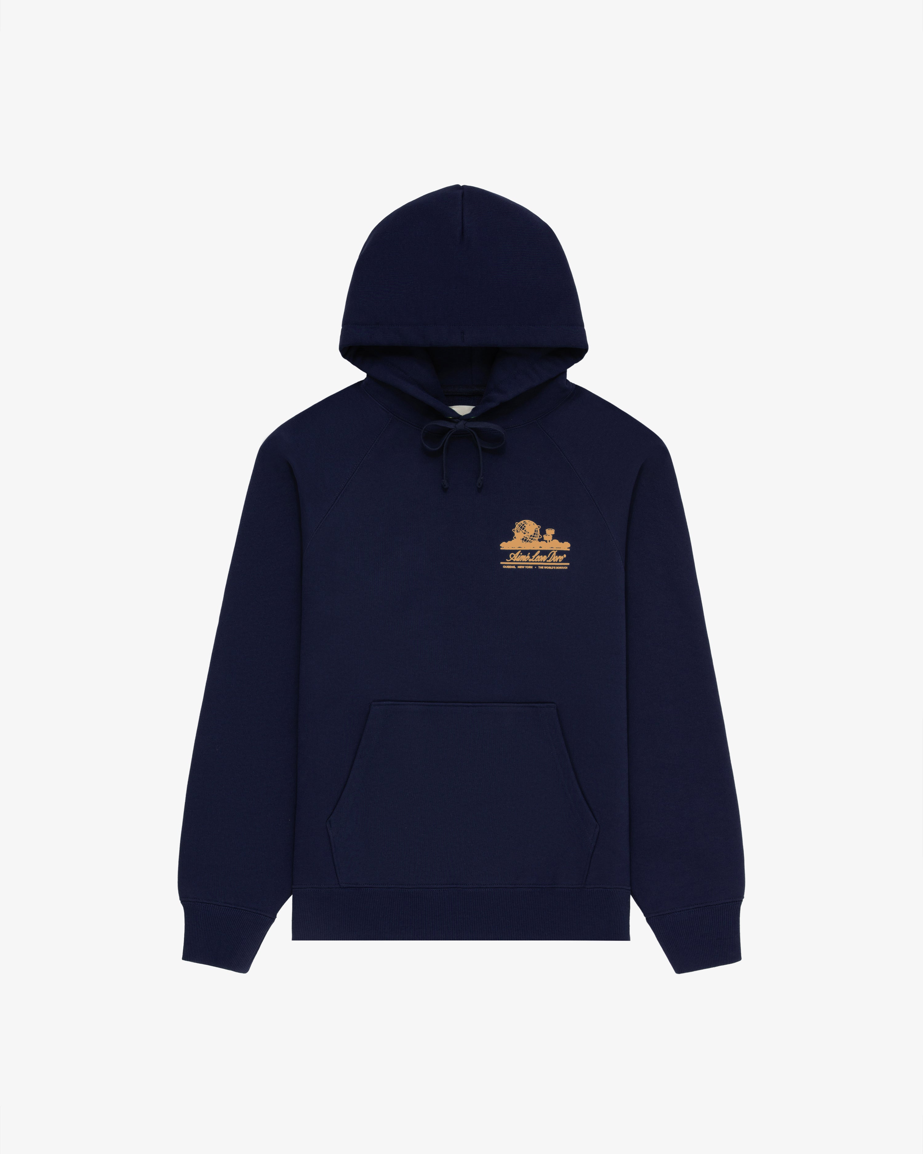 Unisphere Hoodie in navy blue with a front pocket and small gold graphic on the left chest.