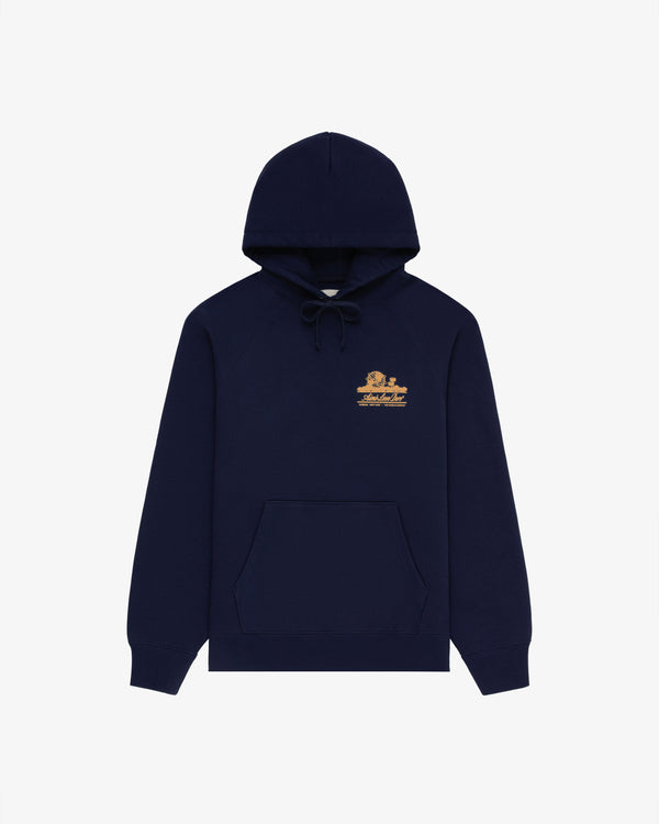 Unisphere Hoodie in navy blue with a front pocket and small gold graphic on the left chest.